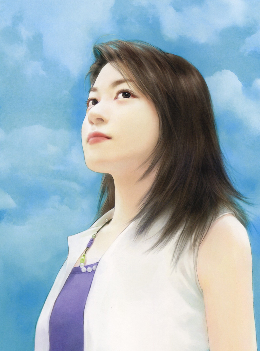 chen shu fen, highres, black eyes, brown hair, cloud, day, jewelry, necklace, realistic, short hair, solo