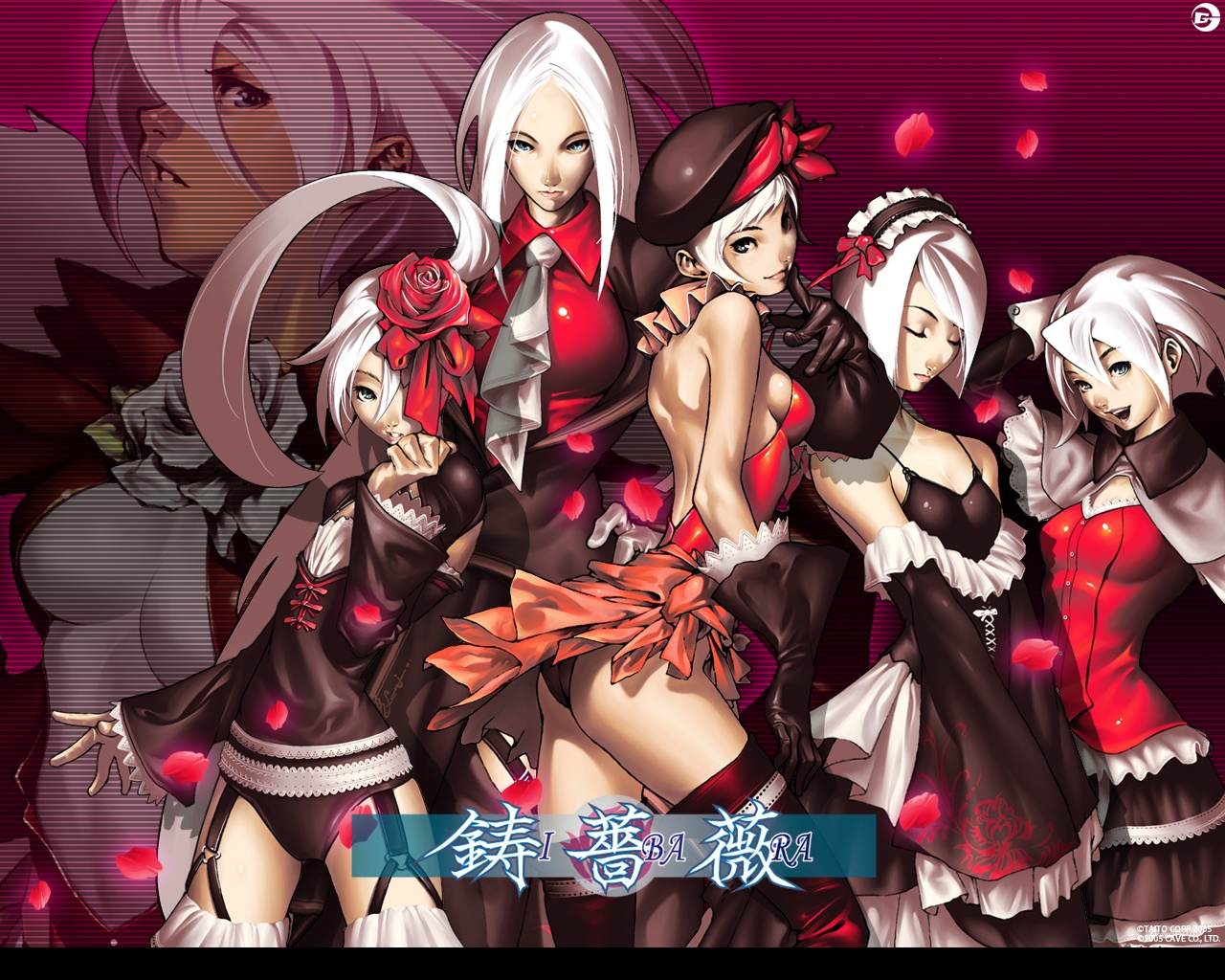 tomoyuki kotani, kasumi rose, lace rose, meidi rose, midi rose, shasta rose, teresa rose, ibara, official art, official wallpaper, 6+girls, :d, ass, back, beret, blonde hair, blue eyes, breasts, cape, cave, center opening, closed eyes, copyright name, detached sleeves, dress, everyone, female focus, finger to mouth, flat chest, flower, garter straps, gloves, green eyes, hair flower, hair ornament, hairband, hat, head rest, lineup, lipstick, lolita fashion, lolita hairband, long hair, looking back, makeup, multiple girls, necktie, no bra, open mouth, petals, rose, rose petals, shiny clothes, short hair, siblings, sideboob, sisters, skirt, smile, thighhighs, underboob, white hair, zettai ryouiki