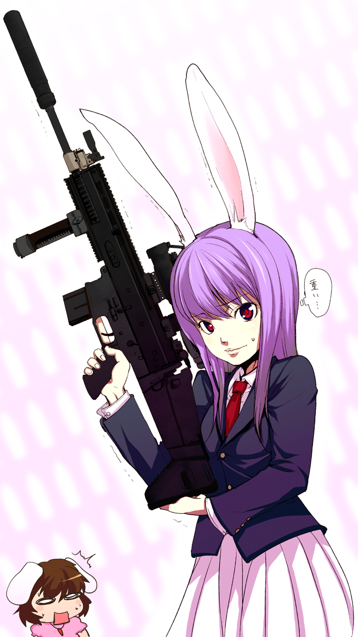 mizu, mizu exp, inaba tewi, reisen udongein inaba, touhou, highres, 2girls, animal ears, assault rifle, brown hair, female focus, fn scar, gun, holding, holding gun, holding weapon, long hair, multiple girls, rabbit ears, rifle, short hair, skirt, suppressor, trembling, trigger discipline, weapon