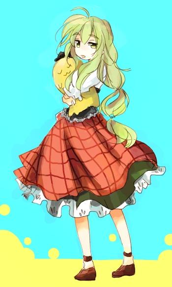 kuta (maka), c.c., cheese-kun, code geass, pizza hut, 00s, 1girl, braid, dress, female focus, green hair, kanpou, long hair, plaid clothes, plaid skirt, skirt, solo, yellow eyes