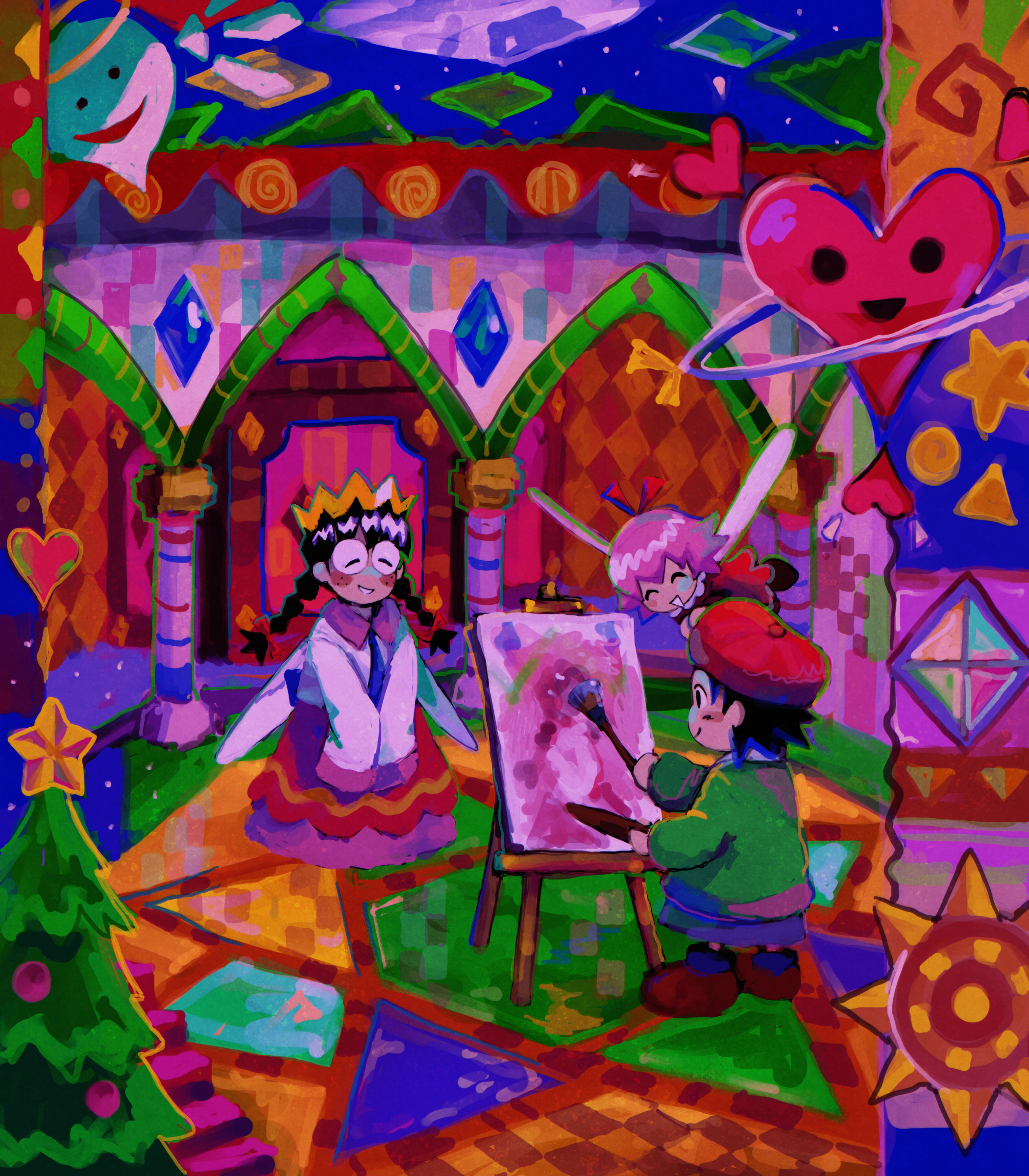 slitherbop, adeleine, ribbon (kirby), ripple star queen, zero two (kirby), kirby (series), kirby 64, nintendo, absurdres, highres, 3girls, beret, black hair, braid, canvas (object), christmas tree, crown, fairy, fairy wings, glasses, hat, holding, holding paintbrush, low twin braids, multiple girls, paint palette, paintbrush, painting (action), pink hair, red hat, ripple star, sleeves past fingers, sleeves past wrists, smile, twin braids, wings