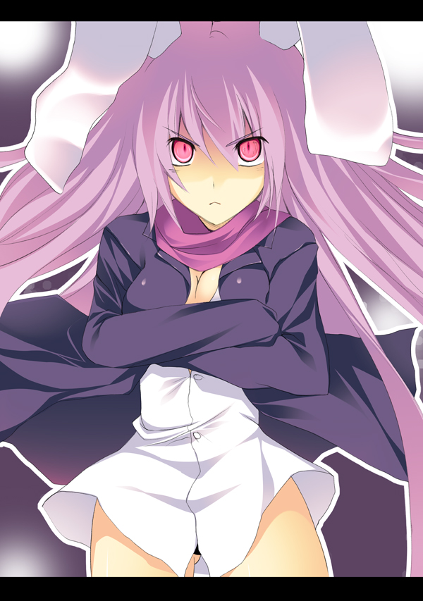 any (trueblue), reisen udongein inaba, touhou, bad id, bad pixiv id, 1girl, animal ears, crossed arms, female focus, letterboxed, long hair, purple hair, rabbit ears, solo, staring