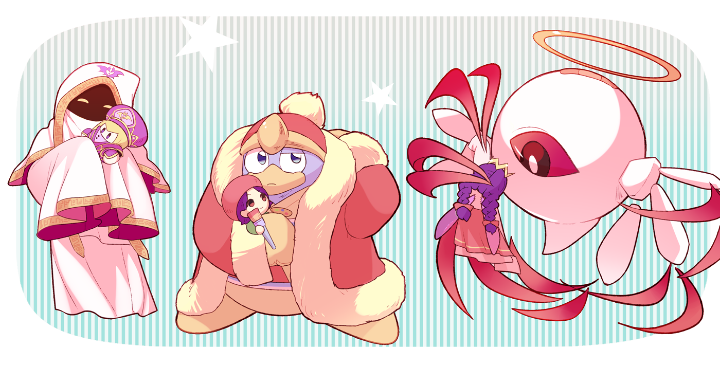 taharu (papiyas), adeleine, hyness, king dedede, ripple star queen, zan partizanne, zero two (kirby), kirby (series), kirby 64, kirby star allies, nintendo, coat, fur-trimmed coat, fur trim, holding, holding stuffed toy, one-eyed, red coat, red eyes, sleeves past fingers, sleeves past wrists, star (symbol), stuffed toy, yellow eyes