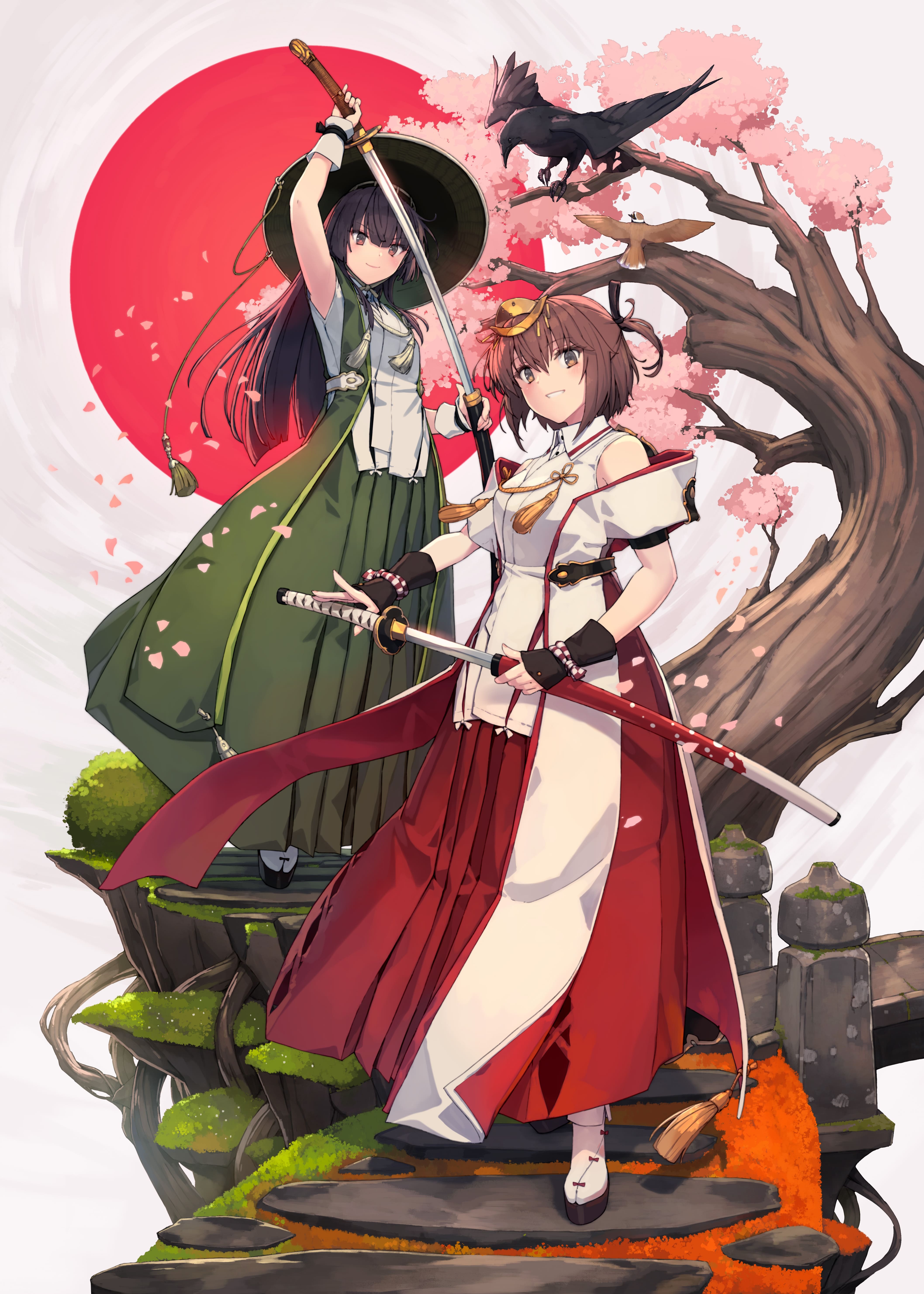 shizuma yoshinori, etou kanami, juujou hiyori, toji no miko, absurdres, alt text, commentary request, highres, official art, 2girls, bird, black hair, blunt bangs, brown eyes, brown hair, cherry blossoms, cherry tree, closed mouth, crow, dress, full body, geta, green dress, hair between eyes, hat, hime cut, holding, holding sword, holding weapon, katana, long hair, looking at viewer, multiple girls, official alternate costume, sheath, short hair, simple background, smile, sparrow, sword, tengu-geta, tree, unsheathing, weapon, white background, white dress, wrist guards