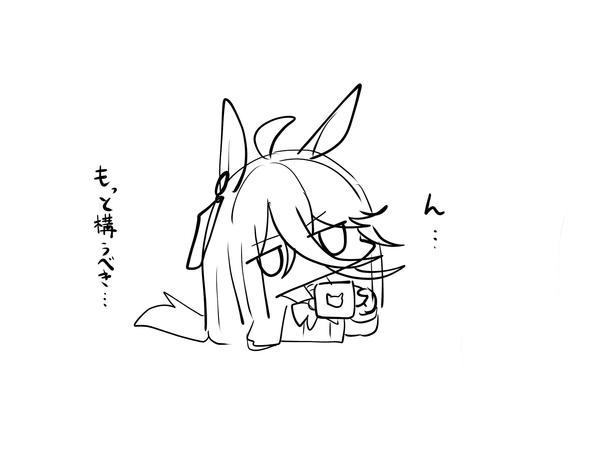 kawamochi (tddm3573), manhattan cafe (umamusume), umamusume, highres, translation request, 1girl, ahoge, animal ears, chibi, cropped torso, cup, hair between eyes, head tilt, holding, holding cup, horse ears, horse girl, horse tail, jitome, monochrome, mug, simple background, solo, tail, upper body, v-shaped eyebrows, white background