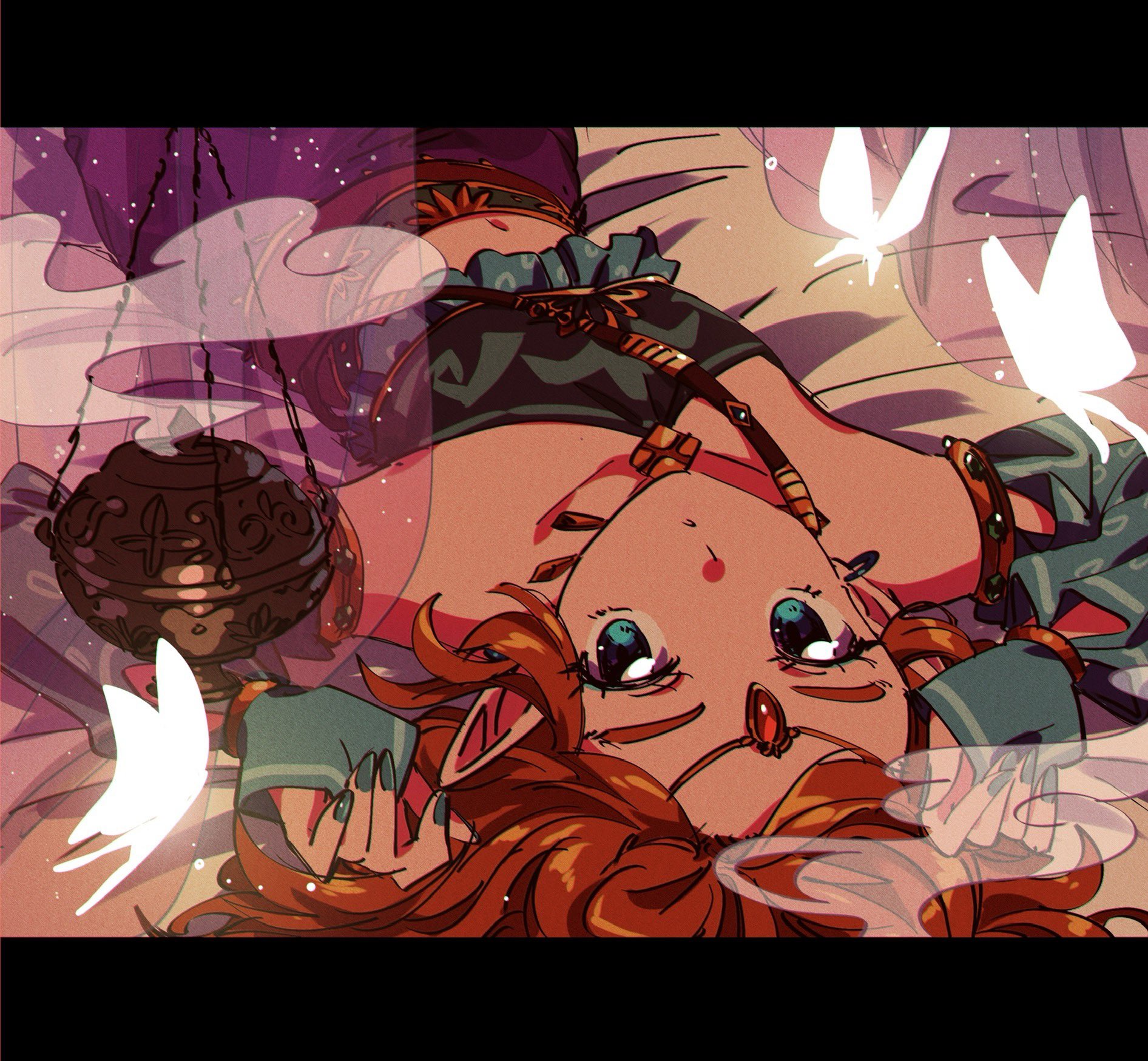 tkdnlerkdtpfsut, link, nintendo, the legend of zelda, the legend of zelda: breath of the wild, highres, 1boy, aqua eyes, aqua nails, aqua sleeves, arms behind head, bed sheet, black border, blonde hair, border, bug, butterfly, crop top, crossdressing, crossdressing (mtf), detached sleeves, earrings, gerudo set (zelda), gold trim, green shirt, halterneck, incense burner, insect, jewelry, letterboxed, looking at viewer, lying, male focus, medium hair, midriff, nail polish, navel, official alternate costume, on back, pants, parted bangs, pointy ears, purple pants, shirt, sidelocks, solo, upper body, white butterfly