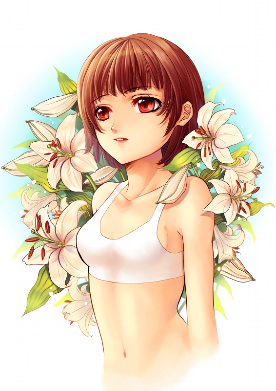 okuma mai, original, bad id, bad pixiv id, 1girl, bare shoulders, brown hair, easter lily, female focus, flower, lily (flower), midriff, red eyes, short hair, solo, sports bra, upper body, white flower