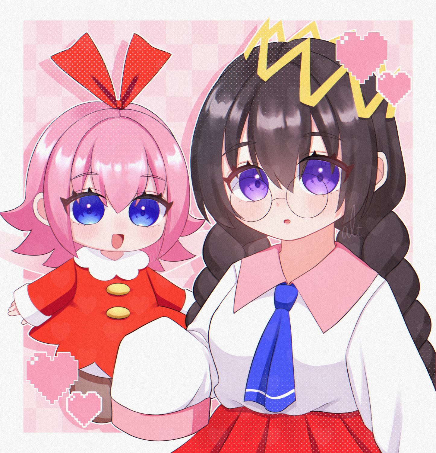 alt 0218, ribbon (kirby), ripple star queen, kirby (series), kirby 64, nintendo, highres, 2girls, artist name, black hair, blue eyes, braid, checkered background, crown, fairy, fairy wings, glasses, heart, long hair, looking at viewer, low twin braids, multiple girls, pink background, pink hair, purple eyes, signature, sleeves past fingers, sleeves past wrists, twin braids, wings