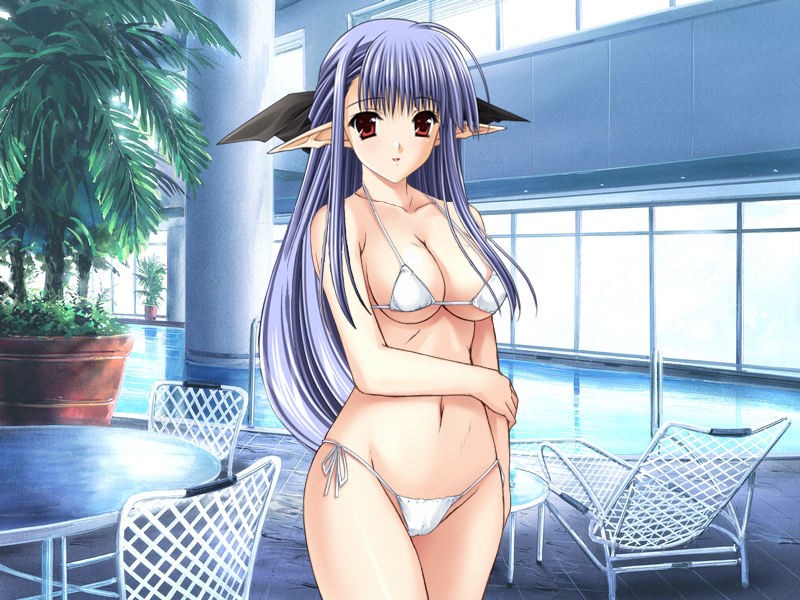 nerine, shuffle!, game cg, non-web source, third-party edit, 00s, 1girl, bikini, blue hair, breasts, cameltoe, female focus, half updo, hip focus, large breasts, long hair, pointy ears, pool, poolside, red eyes, solo, swimsuit, white bikini, wide hips