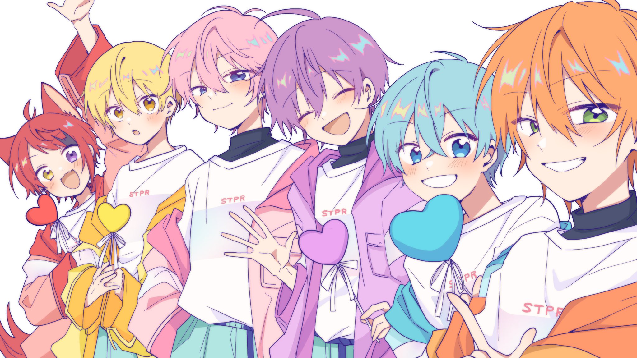 colon (stpri), jel (stpri), nanamori (stpri), rinu (stpri), root (stpri), satomi (stpri), strawberry prince, commentary, highres, symbol-only commentary, 6+boys, ahoge, animal ears, arm up, blonde hair, blue eyes, blue hair, closed eyes, closed mouth, green eyes, hair between eyes, heterochromia, jacket, long sleeves, looking at viewer, male focus, multiple boys, open clothes, open jacket, open mouth, orange hair, orange jacket, pink hair, pink jacket, purple eyes, purple jacket, red hair, short hair, simple background, smile, uniuni12040427, waving, white background, yellow eyes, yellow jacket