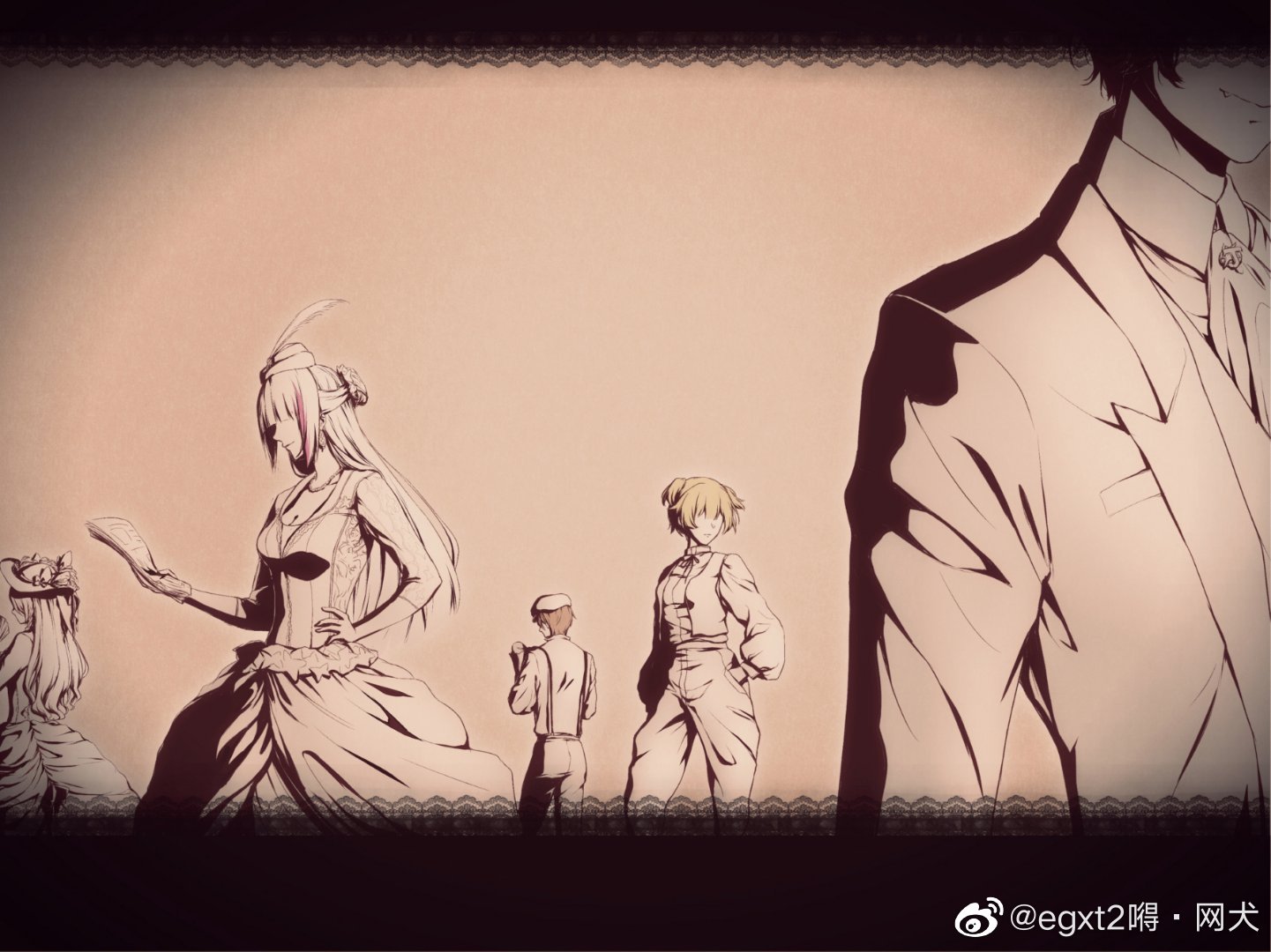 mdr (girls' frontline), welrod mkii (girls' frontline), girls' frontline, bad link, character request, blonde hair, bow, breasts, curly hair, dress, egxt2 de-wang quan, formal clothes, long hair, long sleeves, multiple boys, multiple girls, pants, short hair, smile, standing, suit