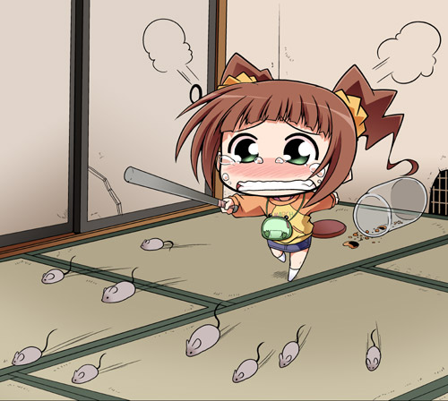 serebi ryousangata, takatsuki yayoi, idolmaster, idolmaster (classic), idolmaster 1, fume, lowres, non-web source, 00s, 1girl, angry, bag, baseball bat, blush, brown hair, chibi, female focus, green eyes, jar, mouse (animal), poverty, raglan sleeves, sad, short hair, solo, tatami, tears, twintails