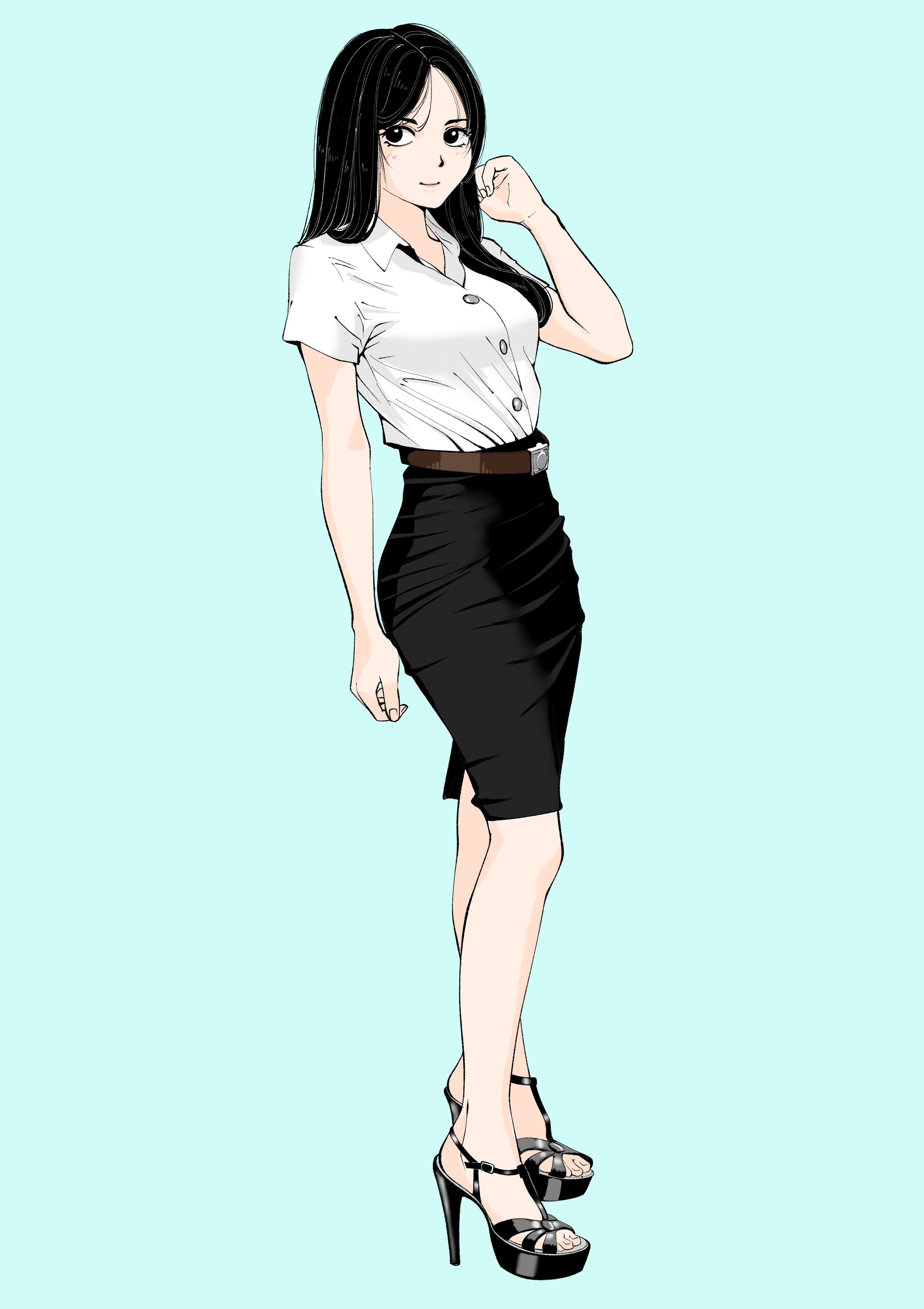 sakamoto giulietta, original, absurdres, commentary request, highres, 1girl, arm at side, belt, black eyes, black hair, black shoes, black skirt, blue background, blush, breasts, brown belt, closed mouth, collared shirt, from side, full body, hand up, high heels, long hair, looking at viewer, looking to the side, medium breasts, open collar, parted bangs, pencil skirt, shirt, shirt tucked in, shoes, short sleeves, sideways glance, simple background, skirt, smile, solo, standing, taut clothes, taut skirt, tight clothes, white shirt