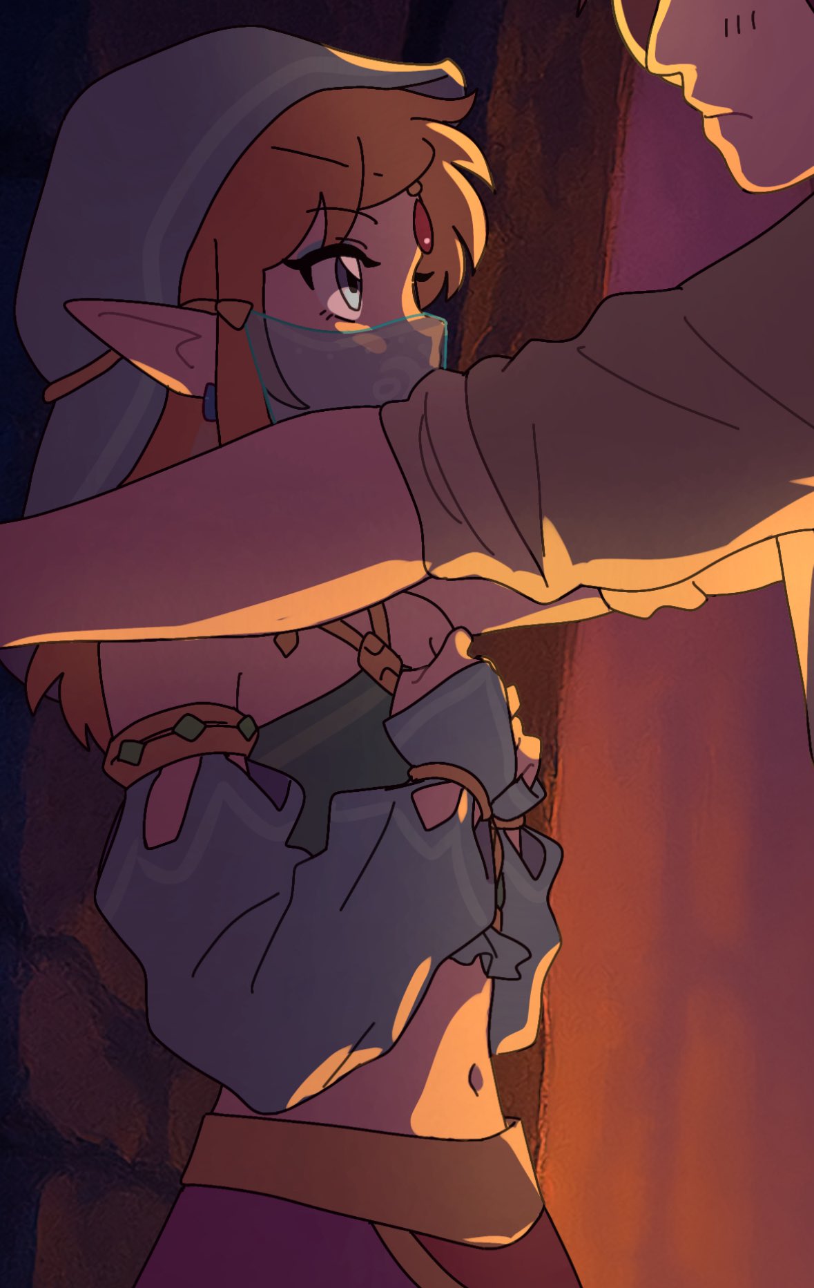 tkdnlerkdtpfsut, link, nintendo, the legend of zelda, the legend of zelda: breath of the wild, highres, 2boys, bare shoulders, blue eyes, blue eyeshadow, blue sleeves, brick wall, circlet, crop top, crossdressing, crossdressing (mtf), detached sleeves, earrings, eyeshadow, gem, gerudo set (zelda), gold trim, grey shirt, hands on own chest, harem outfit, headscarf, jewelry, kabedon, light blush, makeup, midriff, mouth veil, multiple boys, navel, official alternate costume, panties, pointy ears, purple panties, red gemstone, shirt, sleeves rolled up, underwear, upper body, veil, yaoi