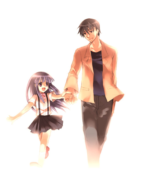 akasaka mamoru, furude rika, higurashi no naku koro ni, 00s, 1boy, 1girl, blue hair, brown eyes, brown hair, holding hands, long hair, long sleeves, open mouth, purple eyes, short hair, short sleeves, simple background, skirt, white background