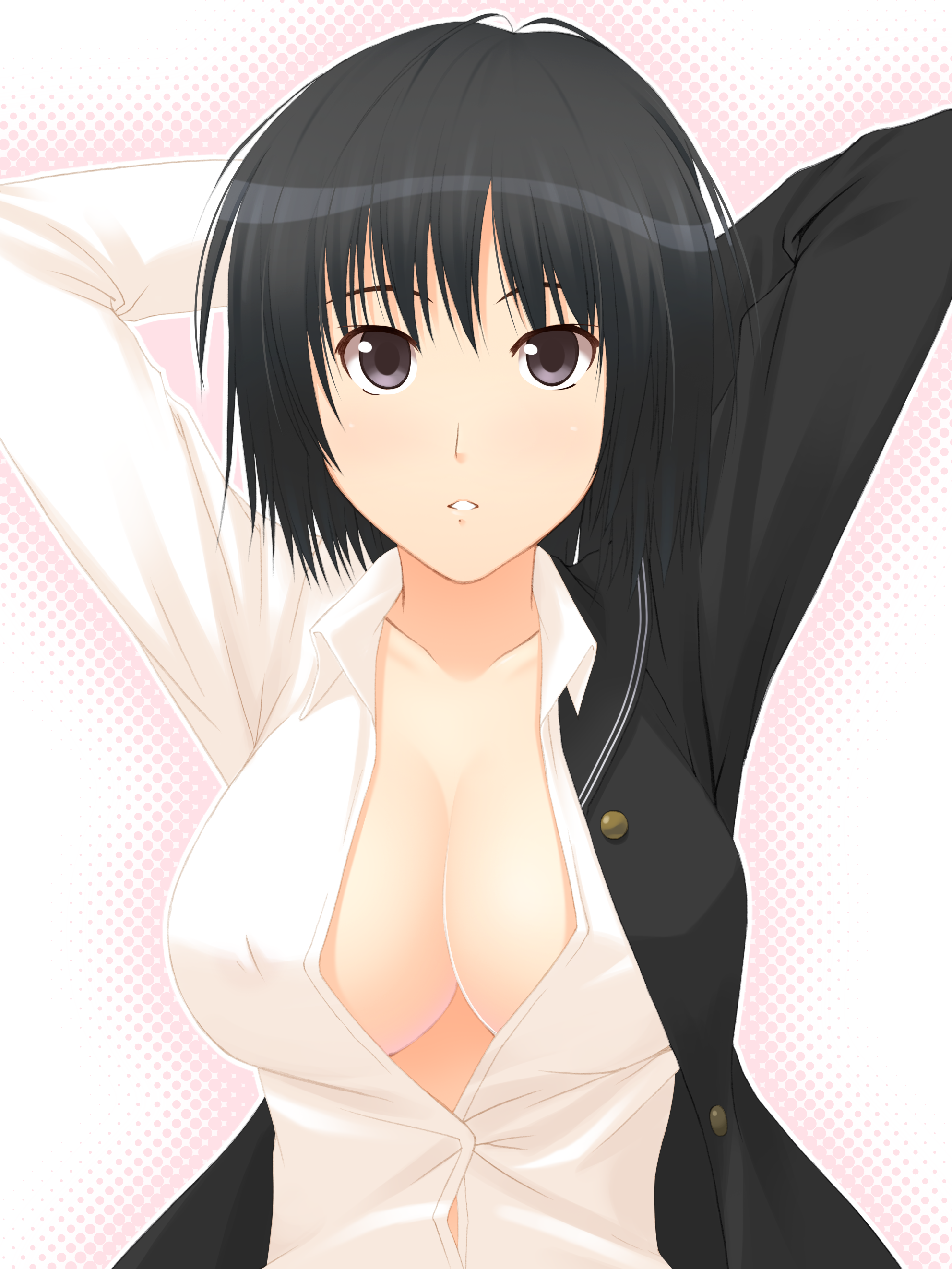 hinata nao, nanasaki ai, amagami, absurdres, bad id, bad pixiv id, highres, 1girl, alternate breast size (larger), arms behind head, black hair, breasts, cleavage, female focus, halftone, halftone background, huge breasts, large breasts, no bra, open clothes, open shirt, parted lips, shirt, short hair, solo