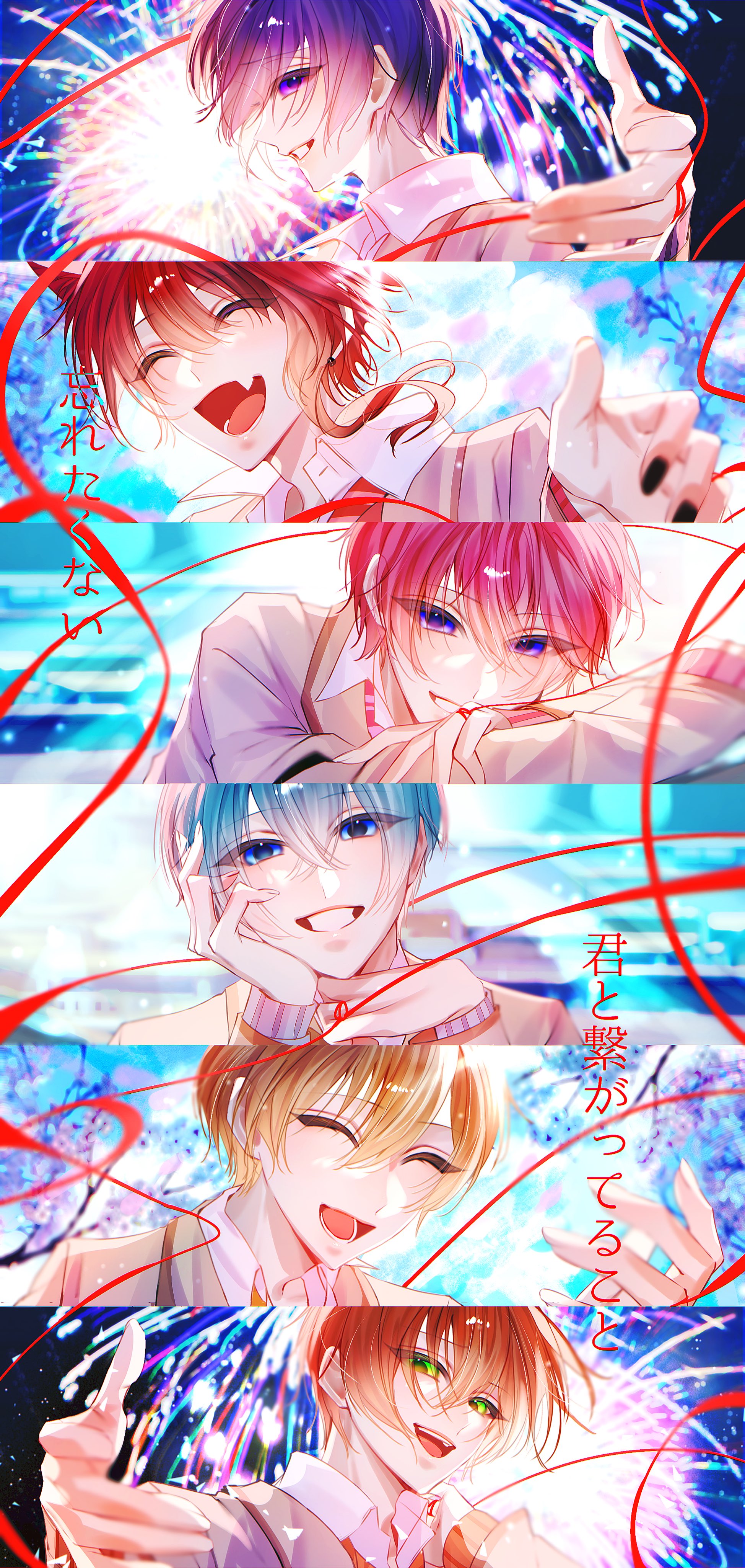 bimigohan16, colon (stpri), jel (stpri), nanamori (stpri), rinu (stpri), root (stpri), satomi (stpri), strawberry prince, absurdres, highres, 6+boys, aerial fireworks, black nails, blonde hair, blue eyes, blue hair, closed eyes, fireworks, green eyes, hair between eyes, hand on own face, looking at viewer, male focus, multiple boys, open mouth, orange hair, outstretched hand, pink hair, portrait, purple eyes, purple hair, red hair, short hair, smile, string, string of fate
