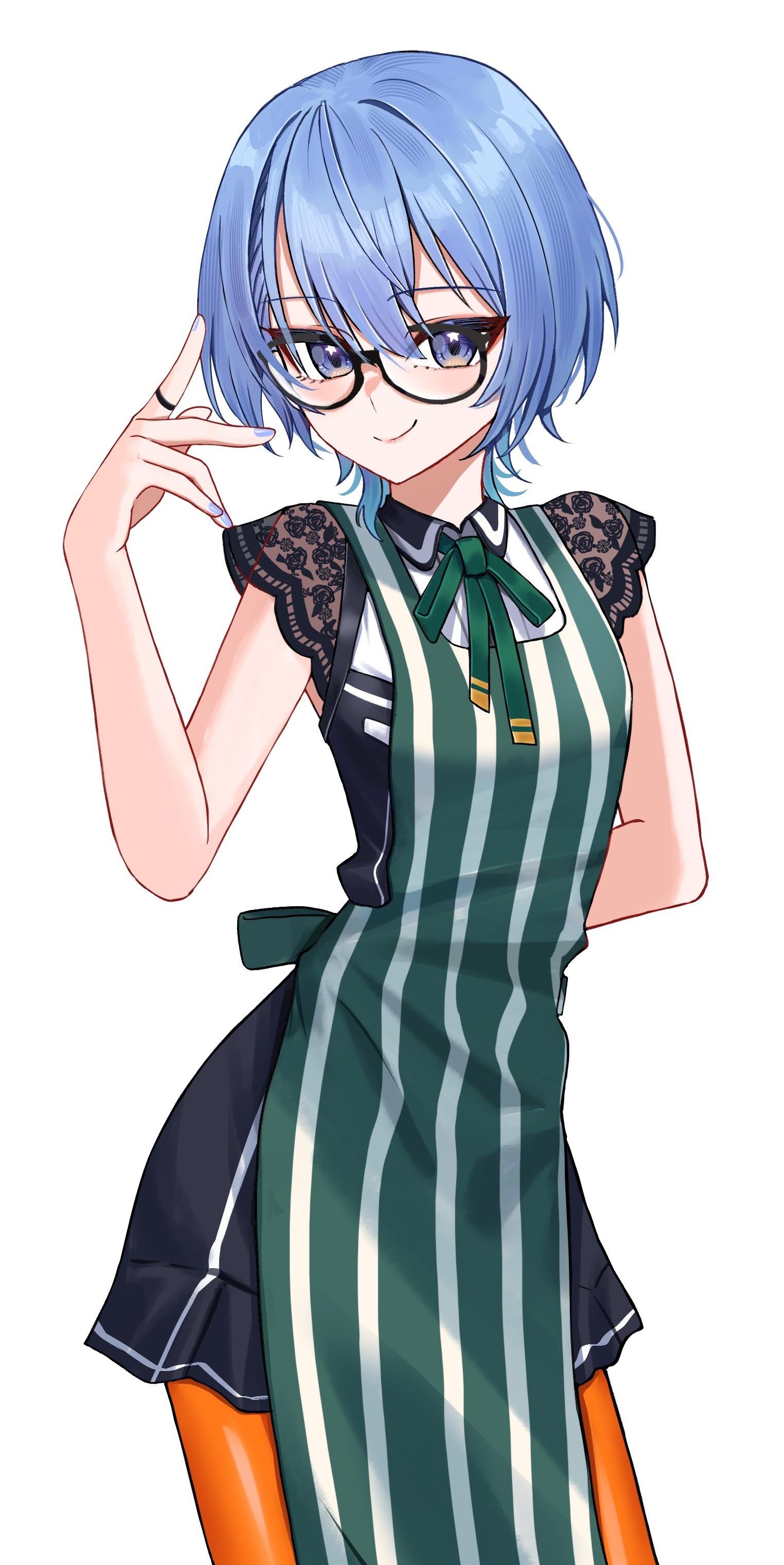 chrispy tuna, hoshimachi suisei, hoshimachi suisei (casual), hololive, absurdres, commentary, commentary request, english commentary, highres, 1girl, apron, arm behind back, black dress, blue eyes, blue hair, closed mouth, collared dress, cowboy shot, double-parted bangs, dress, glasses, green apron, hair between eyes, hand up, lace, lace sleeves, looking at viewer, official alternate costume, orange pantyhose, pantyhose, short dress, short hair, short sleeves, simple background, smile, solo, star (symbol), star in eye, striped apron, striped clothes, symbol in eye, virtual youtuber, white background