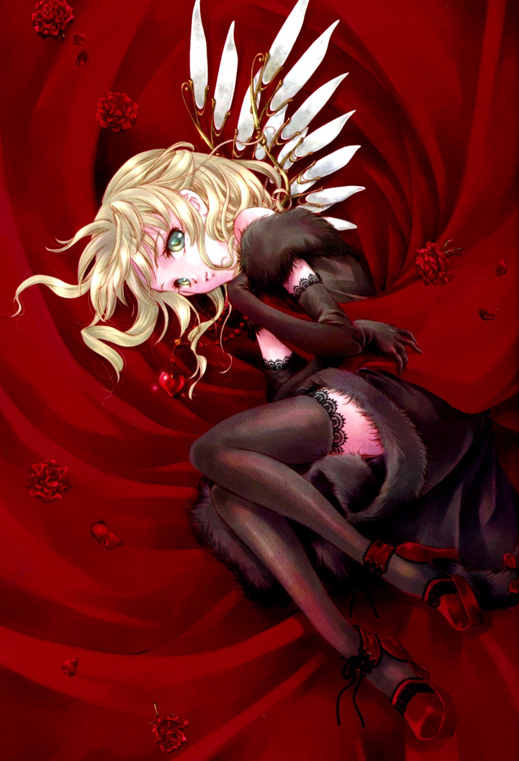 highres, blonde hair, dress, flower, gloves, green eyes, heart, jewelry, lace, necklace, ribbon, rose, shoes, solo, thighhighs, wings