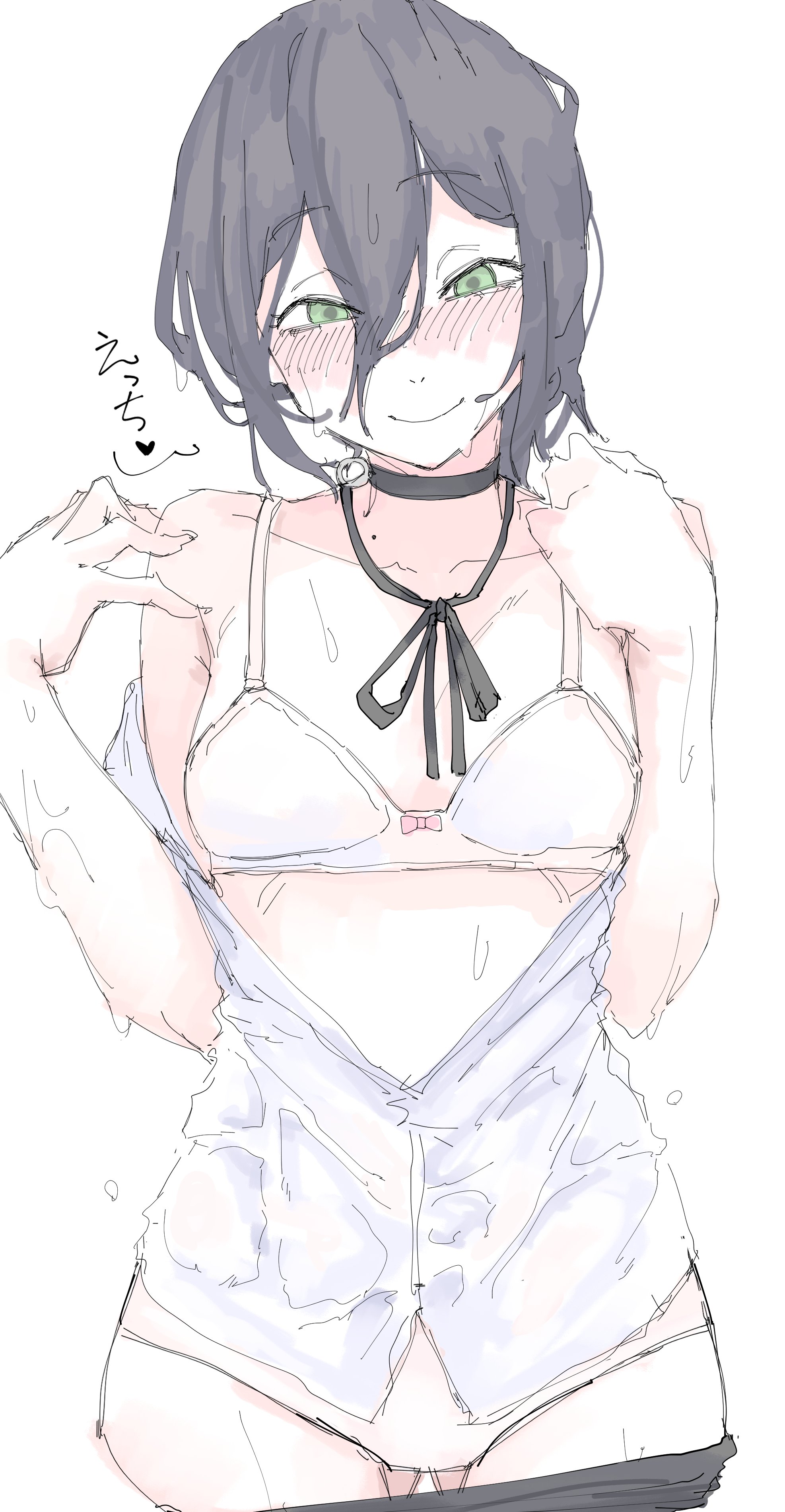 mocamocaink, reze (chainsaw man), chainsaw man, absurdres, highres, 1girl, black choker, black hair, black ribbon, blush, bra, breasts, choker, closed mouth, gluteal fold, green eyes, hair between eyes, looking at viewer, panties, partially unbuttoned, ribbon, shirt, simple background, small breasts, smile, solo, underwear, white background, white bra, white panties, white shirt