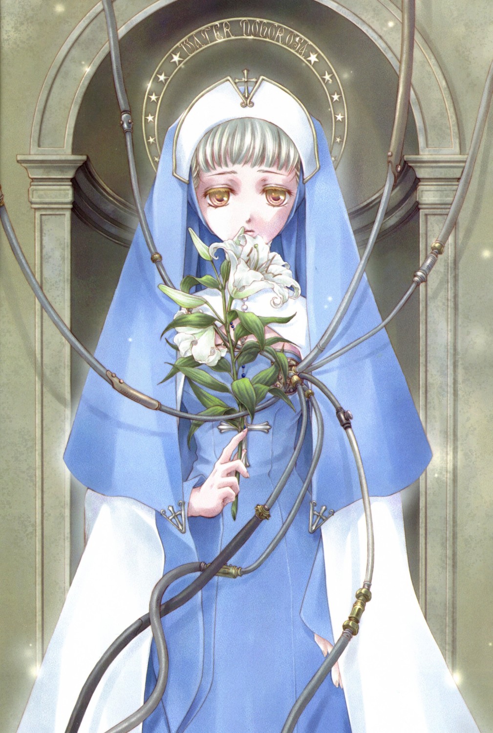 silver hair, highres, cable, flower, headdress, long sleeves, nun, solo, wire, yellow eyes