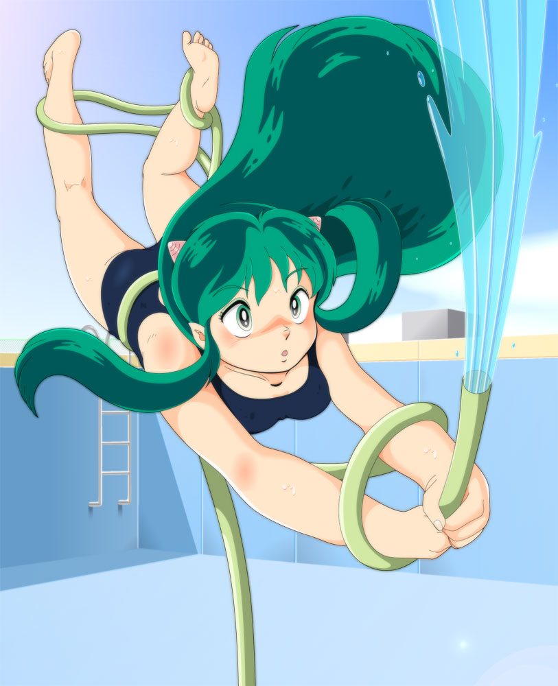 lum, urusei yatsura, non-web source, 1girl, barefoot, cone horns, empty pool, eyeshadow, feet, female focus, green eyes, green hair, horns, hose, long hair, makeup, matching hair/eyes, one-piece swimsuit, pink horns, pool, school swimsuit, soles, solo, striped horns, swimsuit