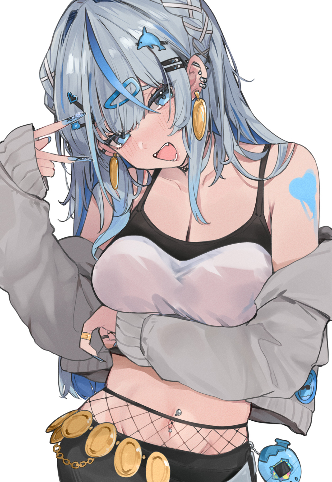 appleseed (appleseed art), amagai ruka, weather planet, highres, 1girl, blue eyes, blue hair, blue nails, breasts, dolphin hair ornament, ear piercing, fangs, fishnet pantyhose, fishnets, grey hair, grey jacket, hair ornament, heart, heart hair ornament, jacket, jewelry, midriff, multicolored hair, nail polish, navel, off shoulder, open mouth, pantyhose, piercing, ring, simple background, solo, streaked hair, v, virtual pet (toy), virtual youtuber, white background
