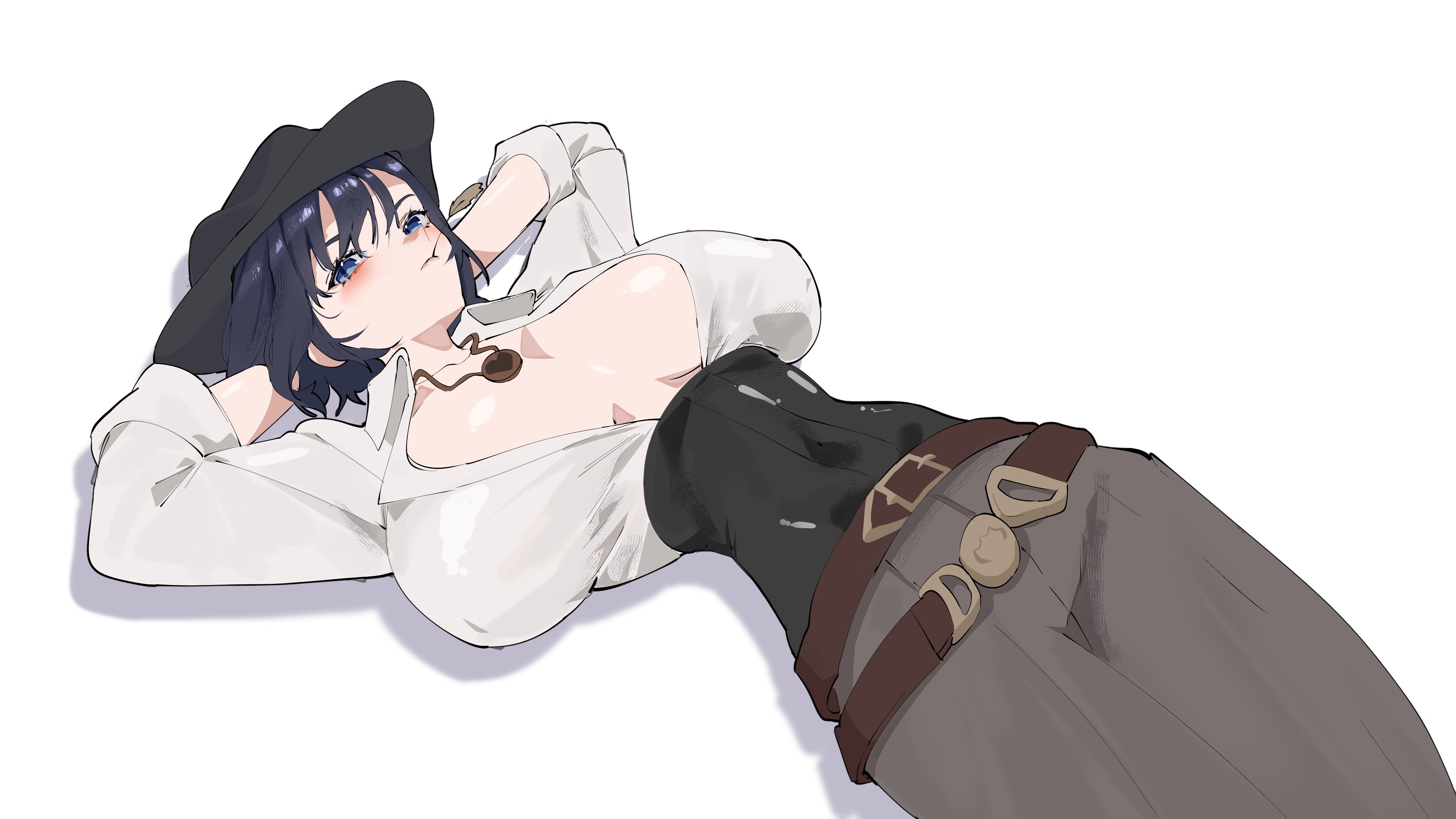 daaku (koizumi arata), ouro kronii, hololive, hololive english, absurdres, highres, 1girl, arms behind head, belt, black corset, black hair, black hat, blue eyes, breasts, breasts apart, brown belt, corset, cowboy hat, cowboy western, grey pants, hat, huge breasts, jewelry, lying, mouth hold, necklace, on back, pants, simple background, solo, stalk in mouth, virtual youtuber, white background