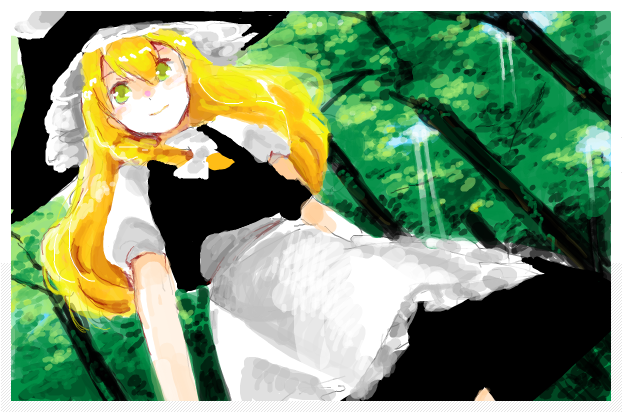 natsume (menthol), natsume (pixiv), kirisame marisa, touhou, bad id, bad pixiv id, 1girl, blonde hair, female focus, forest, hat, long hair, nature, outdoors, plant, ribbon, skirt, solo