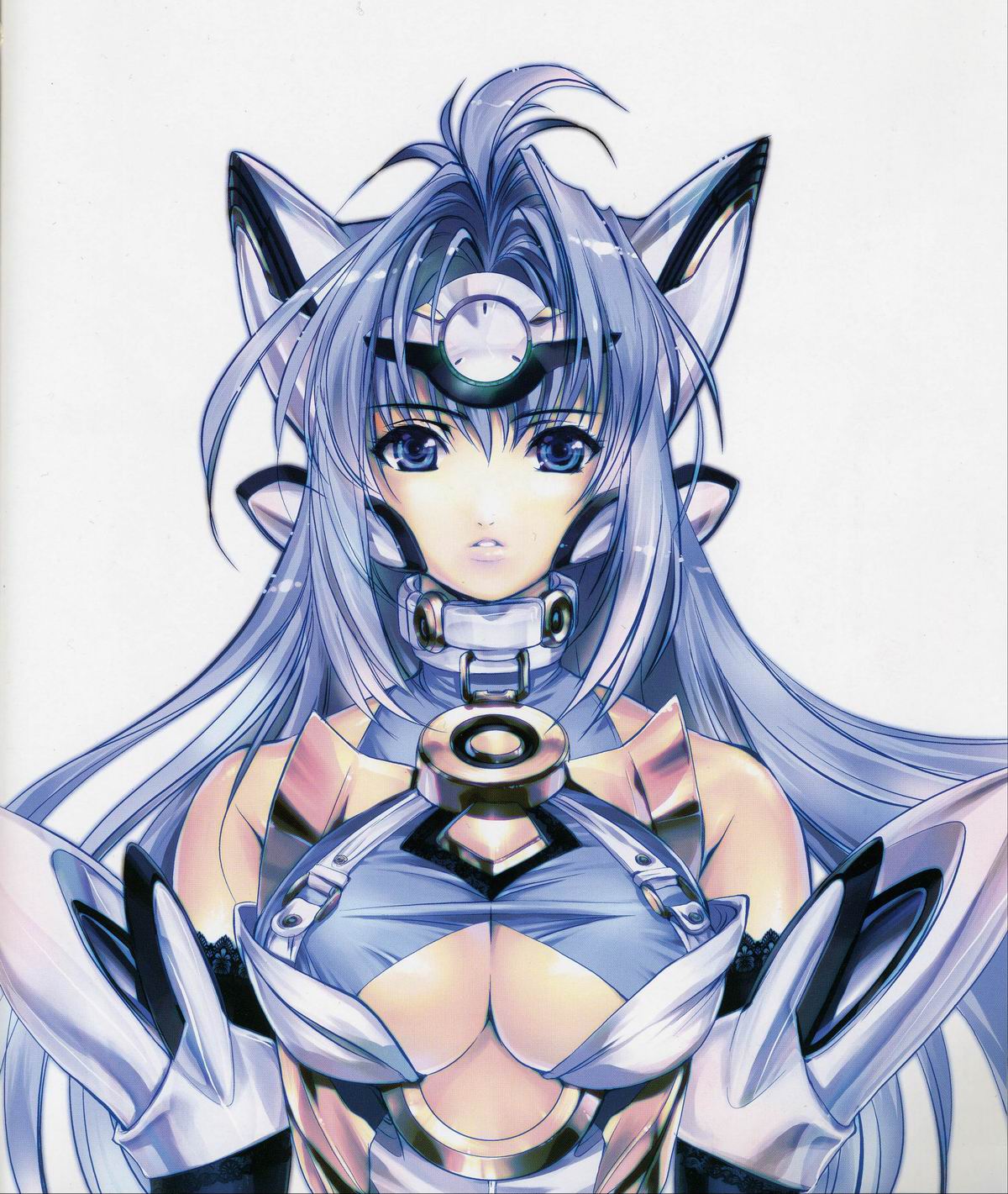 choco (chocolate shop), kos-mos, kos-mos ver. 4, xenosaga, xenosaga episode iii, highres, 00s, 1girl, android, blue eyes, blue hair, breasts, cleavage, female focus, matching hair/eyes, simple background, solo