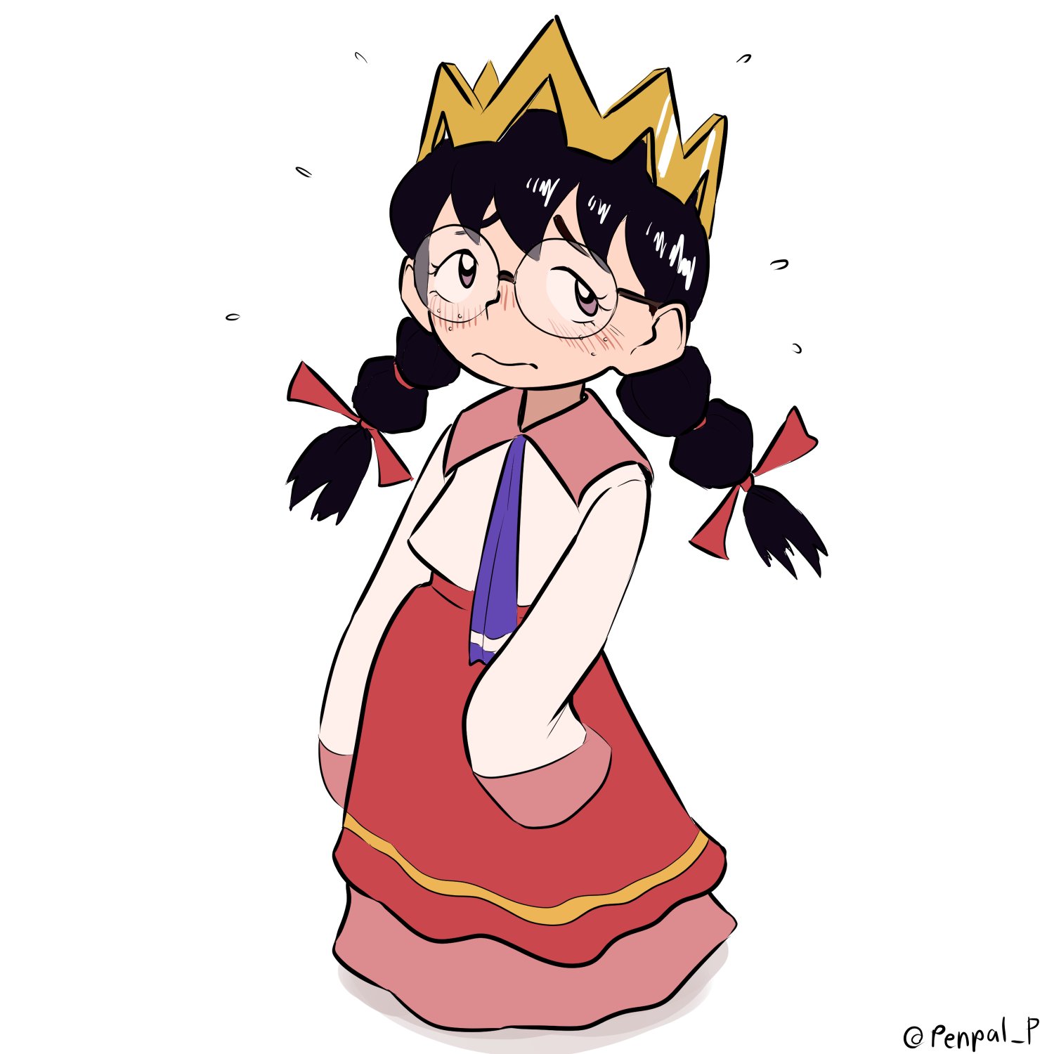 penpal-p, ripple star queen, kirby (series), kirby 64, nintendo, highres, 1girl, artist name, black hair, blush, braid, crown, glasses, hair ribbon, long hair, long skirt, low twin braids, red ribbon, ribbon, simple background, skirt, sleeves past fingers, sleeves past wrists, twin braids, white background