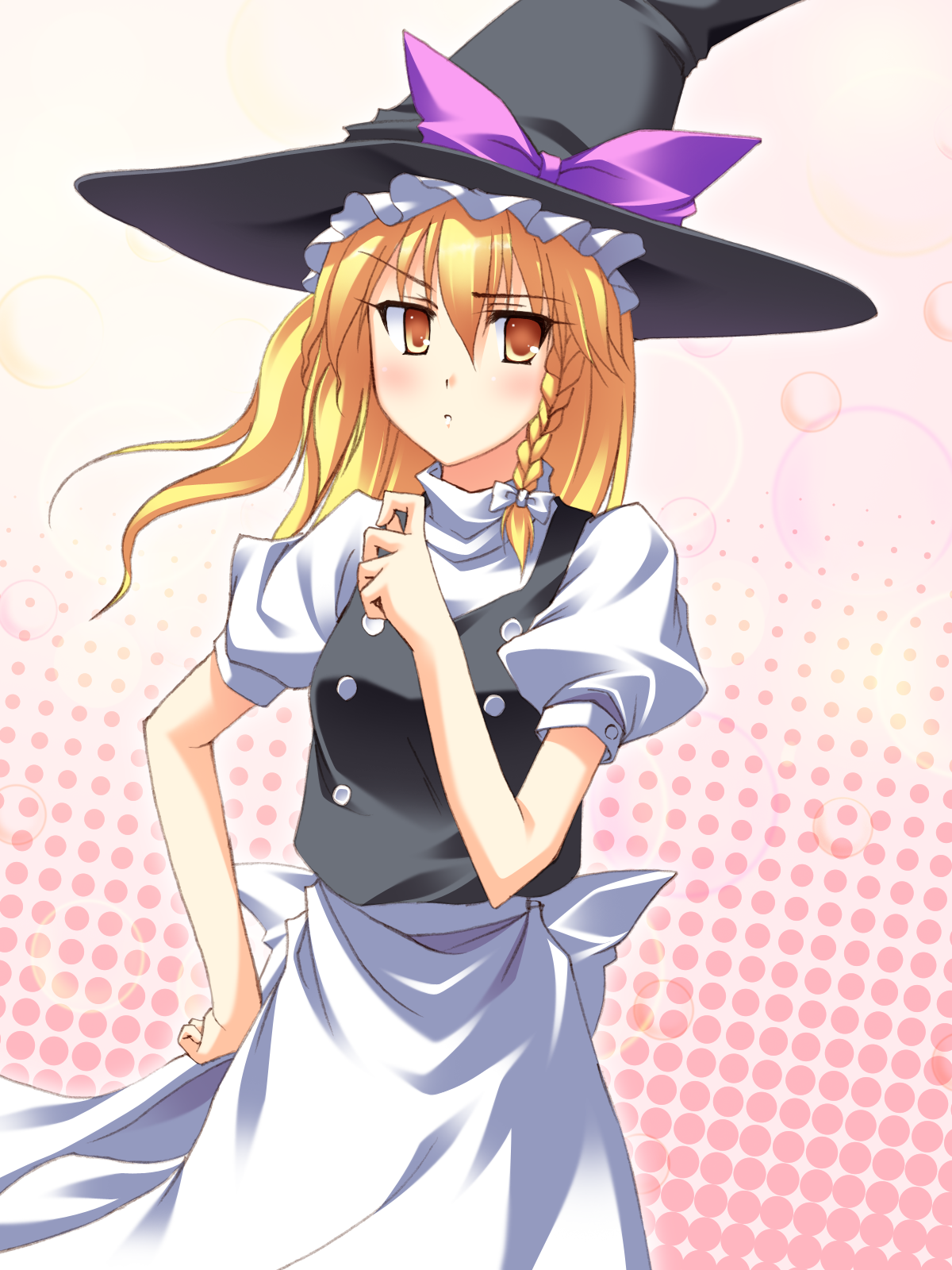 hinata nao, kirisame marisa, touhou, bad id, bad pixiv id, highres, 1girl, blonde hair, braid, female focus, gradient background, halftone, halftone background, hat, solo, witch, witch hat, yellow eyes