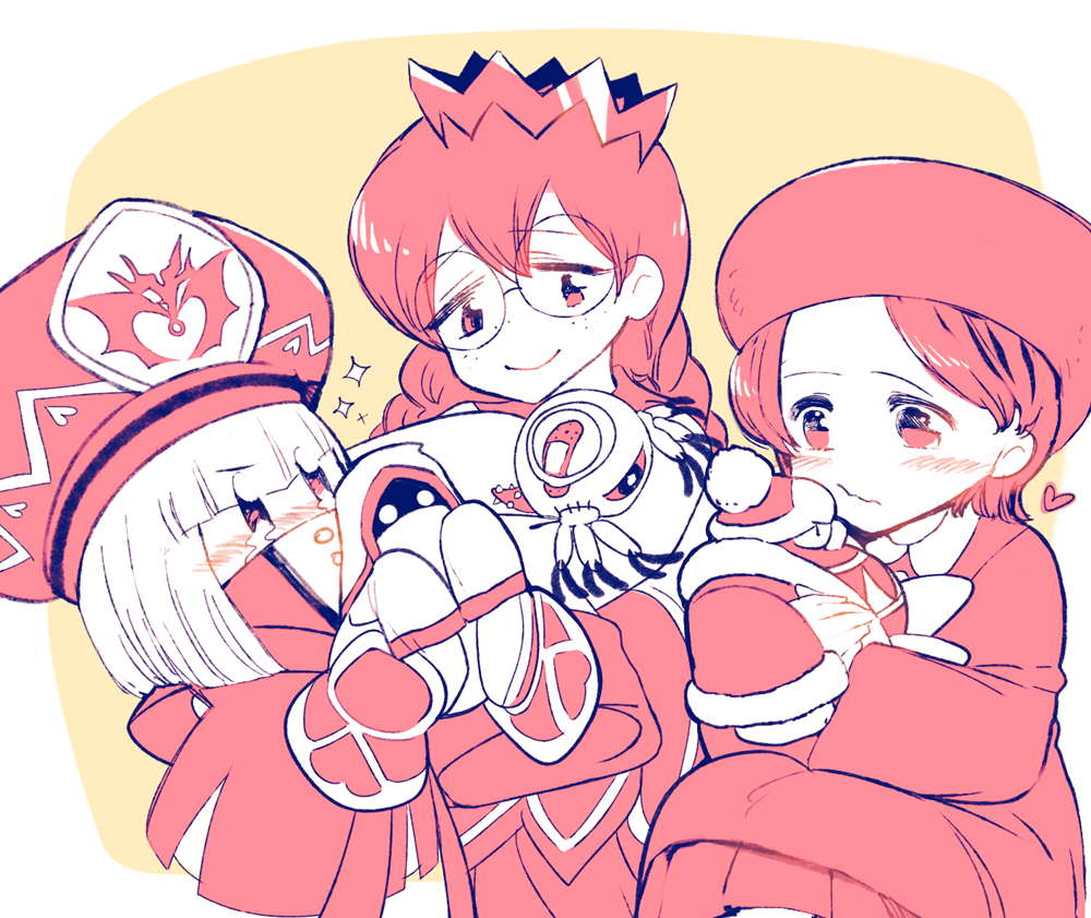 taharu (papiyas), adeleine, hyness, king dedede, ripple star queen, zan partizanne, zero two (kirby), kirby (series), kirby 64, kirby star allies, nintendo, 3girls, bandaid, beret, blush, braid, crown, freckles, glasses, hat, heart, holding, holding stuffed toy, low twin braids, multiple girls, rayman limbs, smile, sparkle, stuffed toy, twin braids