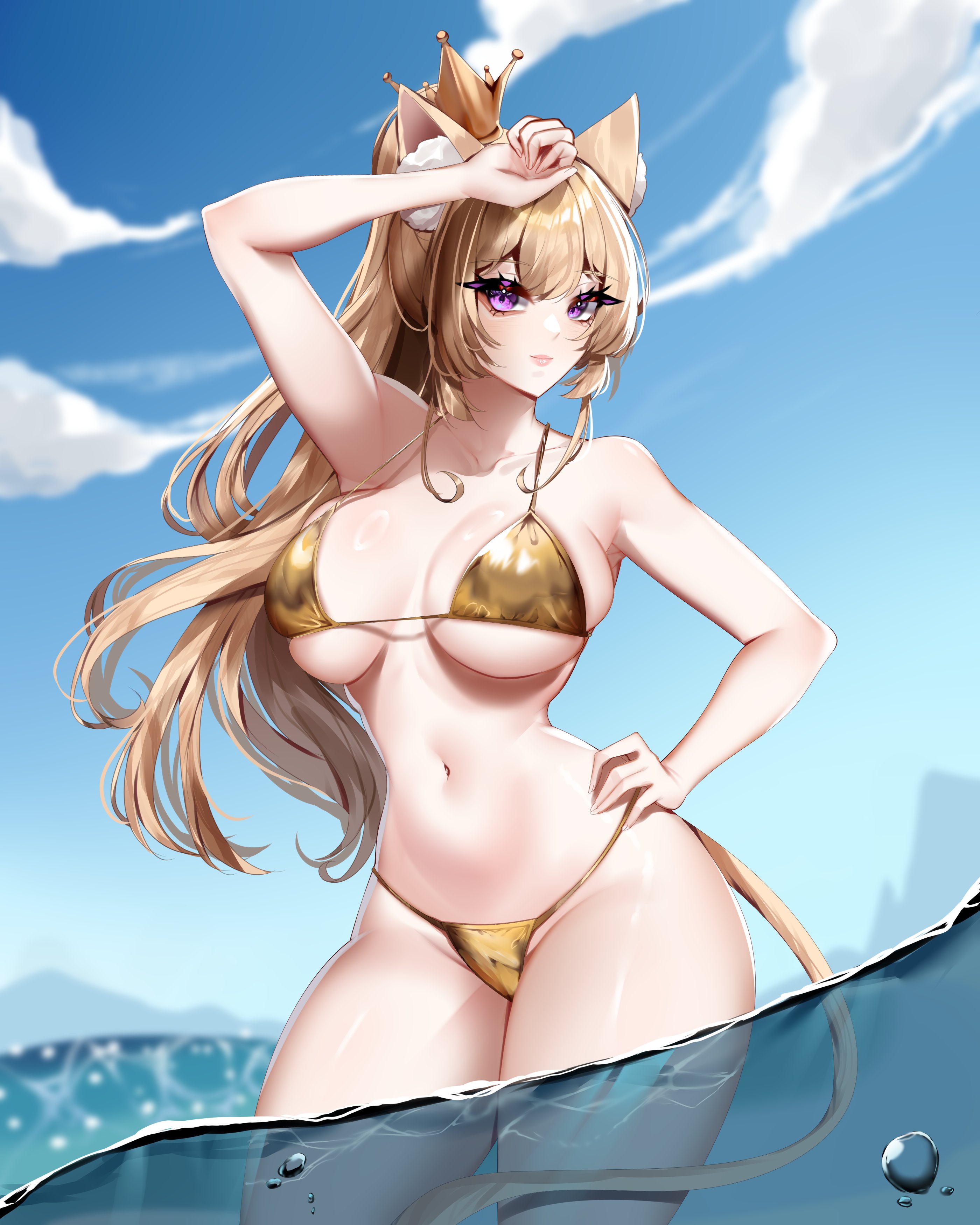 original, absurdres, highres, 1girl, arm up, bikini, blonde hair, breasts, closed mouth, cloud, collarbone, crown, dorobo ne, gold bikini, hand on own hip, lips, long hair, mini crown, navel, purple eyes, sky, solo, swimsuit, tail, water