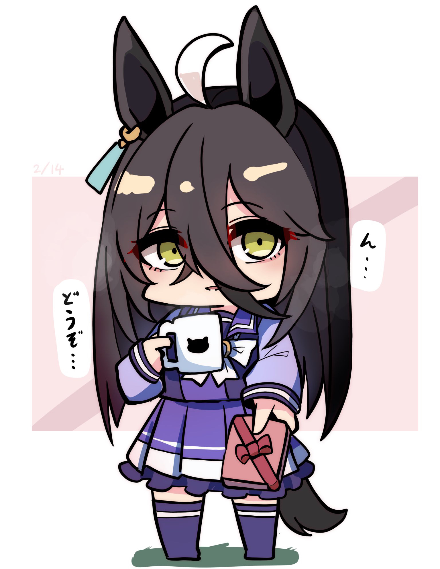 kawamochi (tddm3573), manhattan cafe (umamusume), umamusume, highres, translation request, 1girl, ahoge, animal ears, black hair, bow, box, brown eyes, chibi, frilled skirt, frills, full body, gift, gift box, hair between eyes, holding, holding gift, horse ears, horse girl, horse tail, long hair, long sleeves, multicolored hair, pleated skirt, puffy long sleeves, puffy sleeves, purple shirt, purple skirt, purple thighhighs, school uniform, shadow, shirt, skirt, solo, standing, tail, thighhighs, tracen school uniform, two-tone hair, very long hair, white bow, white hair
