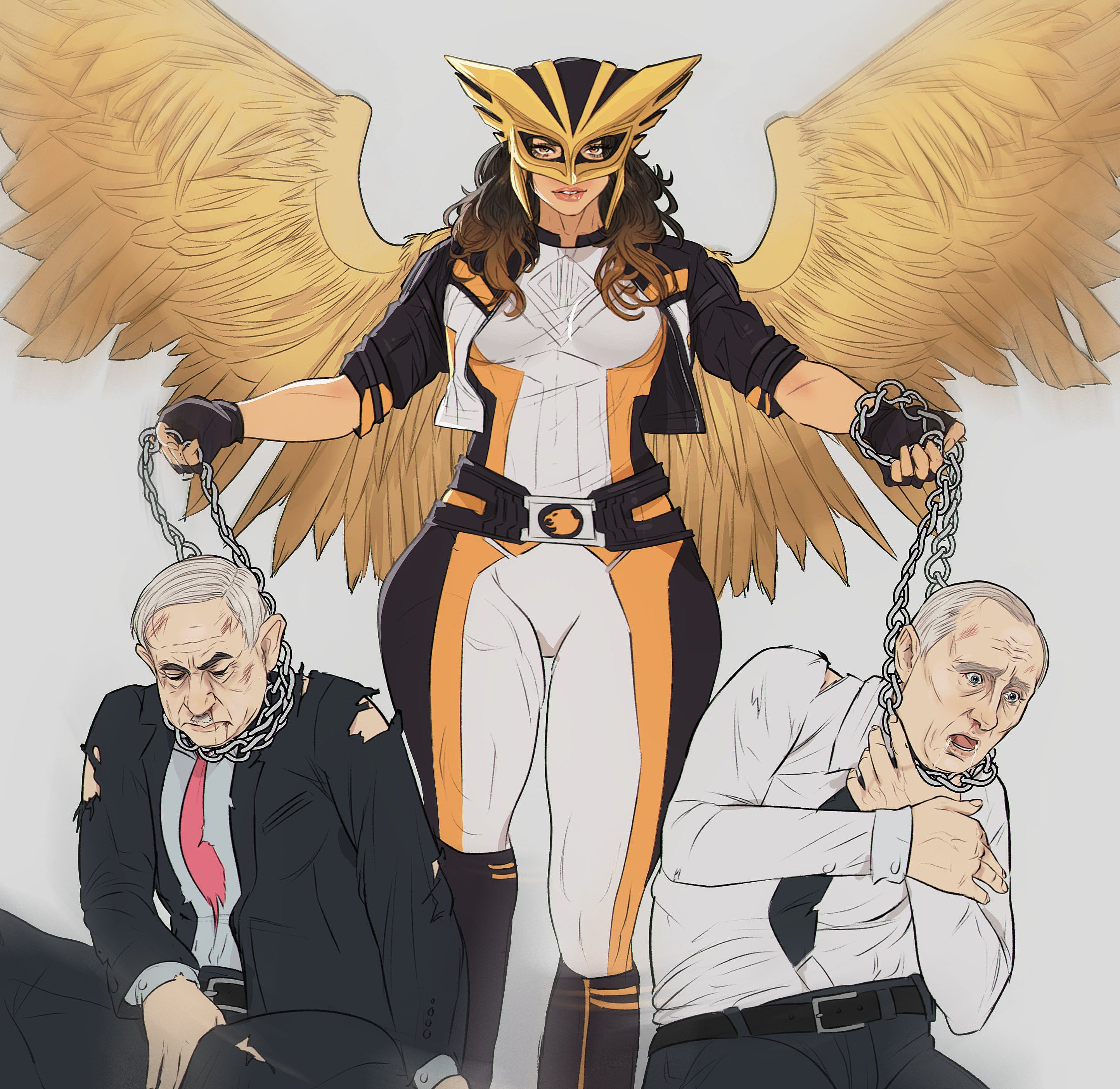 yoracrab, hawkgirl, vladimir putin, dc comics, dc universe (franchise), real life, superman (2025), superman (series), absurdres, highres, 1girl, 2boys, belt, benjamin netanyahu, black belt, black bodysuit, black gloves, black jacket, black necktie, black pants, bodysuit, breasts, brown eyes, brown hair, chain, collared shirt, feathered wings, fingerless gloves, gloves, grey hair, helmet, holding, holding chain, jacket, kendra saunders, long hair, medium breasts, multicolored bodysuit, multiple boys, necktie, old, old man, orange bodysuit, pants, shirt, suit jacket, superhero costume, white bodysuit, white shirt, wings, yellow gloves