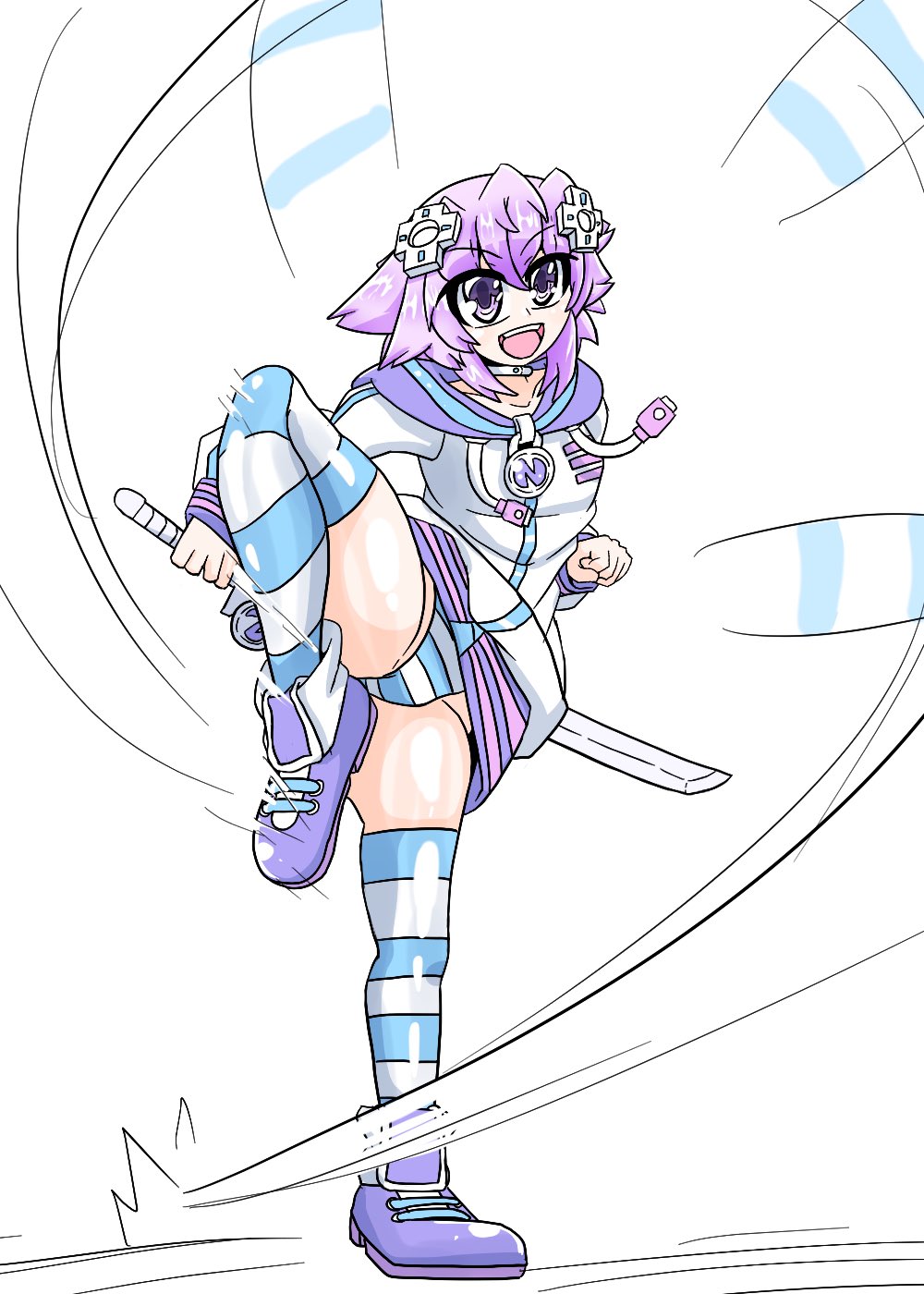 nepnepdaitsuki, neptune (neptunia), neptune (series), commentary request, highres, 1girl, choker, d-pad, d-pad hair ornament, hair ornament, holding, holding sword, holding weapon, hood, hoodie, jewelry, neck ring, open mouth, panties, purple eyes, purple hair, short hair, sidelocks, simple background, socks, solo, striped clothes, striped panties, striped socks, sword, underwear, usb, weapon, white background, white choker