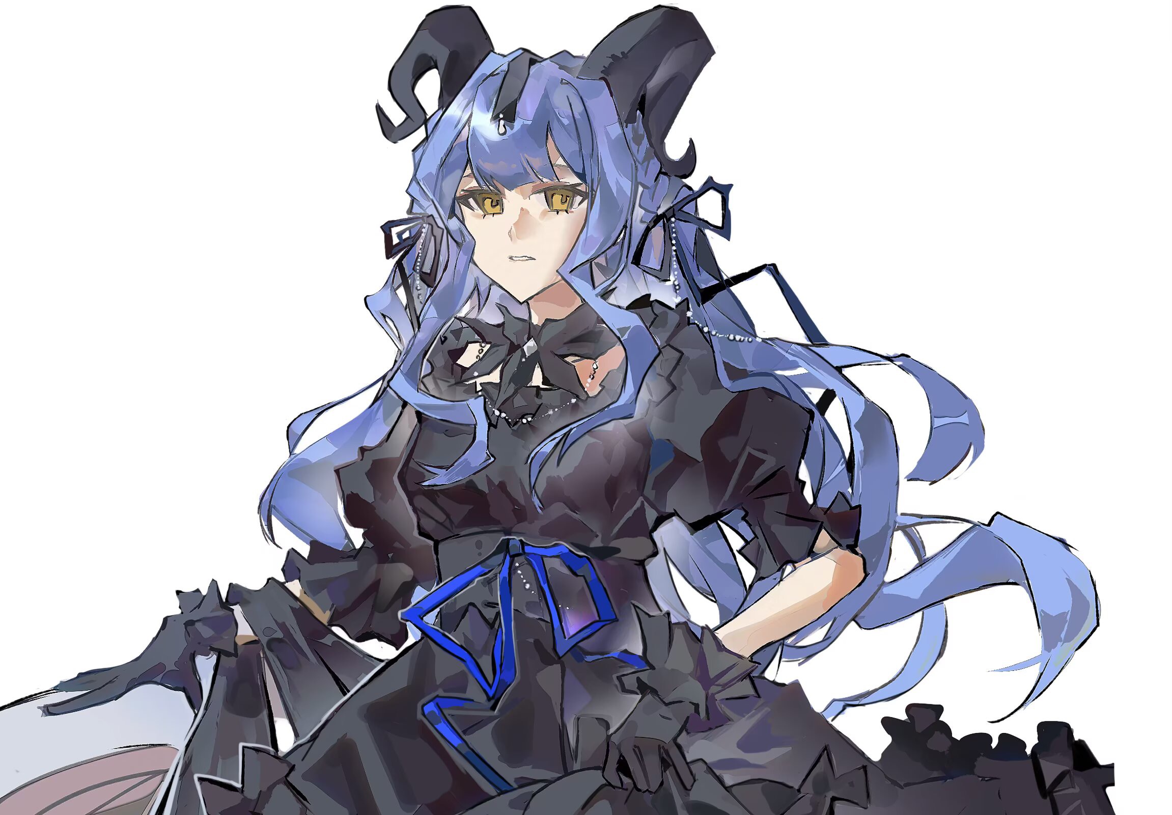 maican guanjun, togawa sakiko, togawa sakiko (master of melodia), bang dream!, bang dream! it's mygo!!!!!, highres, 1girl, black dress, black gloves, black horns, black ribbon, blue hair, blue ribbon, breasts, cowboy shot, curled horns, detached collar, dress, frilled dress, frills, gloves, hair ribbon, horns, long hair, looking at viewer, medium breasts, parted lips, puffy sleeves, ribbon, sidelocks, simple background, skirt hold, solo, standing, two side up, white background, yellow eyes