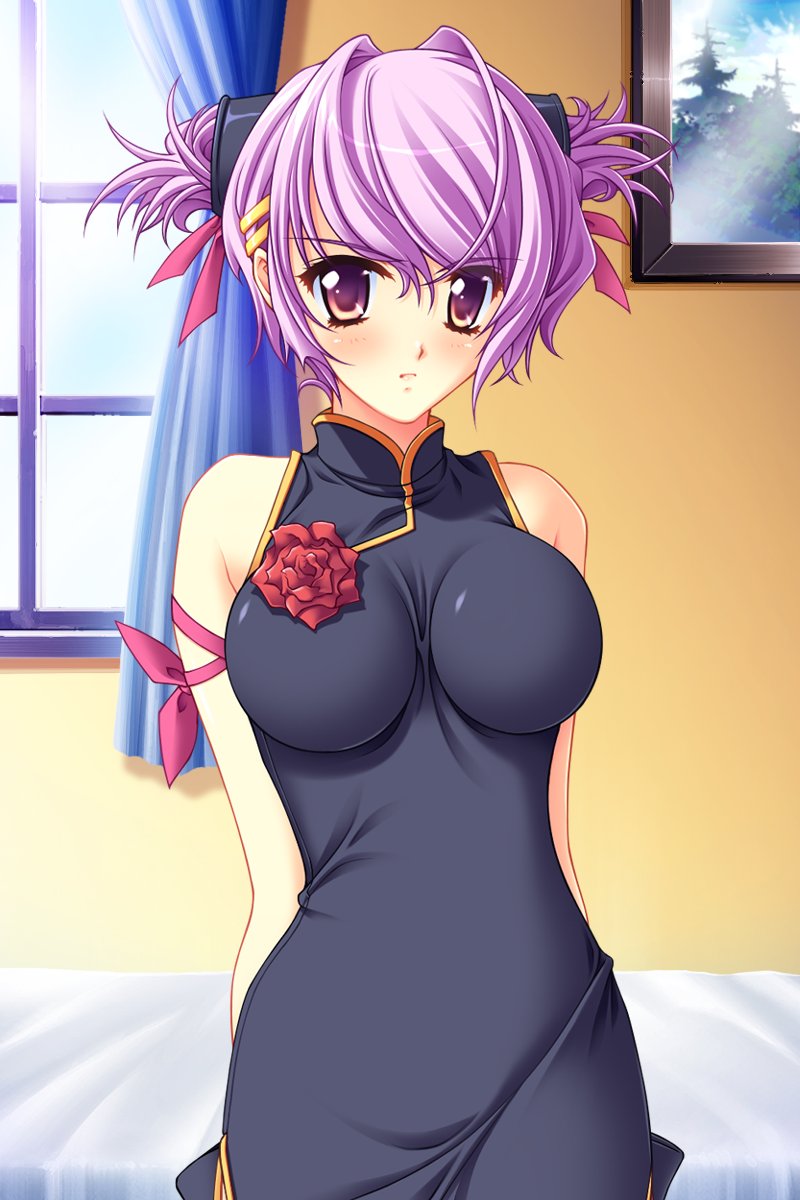 sugiyama genshou, zero (ne~pon? x rai pon!), ne~pon? x rai pon!, traditional clothes, highres, 1girl, breasts, china dress, chinese clothes, dress, female focus, flower, hair ornament, hairclip, impossible clothes, impossible shirt, large breasts, pink eyes, pink hair, purple eyes, purple hair, ribbon, rose, shirt, short hair, solo, standing, window