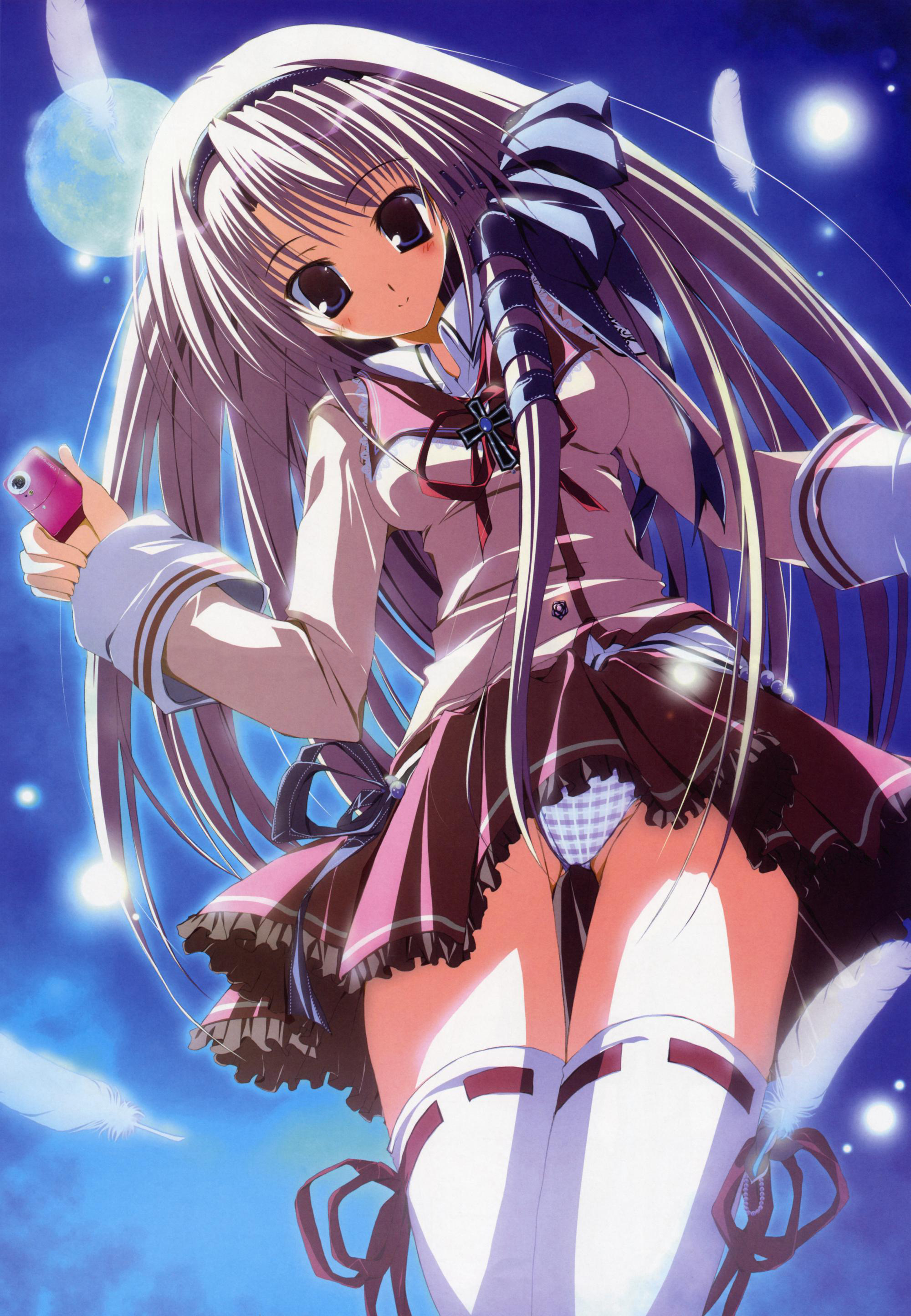 mizusawa mimori, sakuma yumine, supreme candy, absurdres, highres, 1girl, blue eyes, blush, camera, cross, feathers, female focus, hairband, long hair, panties, pantyshot, ribbon, school uniform, serafuku, solo, thighhighs, underwear, upskirt