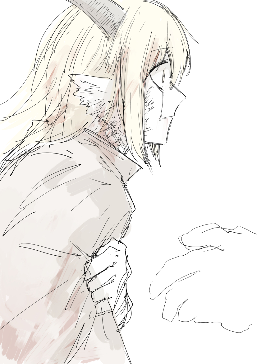 kankan33333, original, commentary, symbol-only commentary, 1girl, blonde hair, blot plot, cloak, crying, crying with eyes open, from side, gills, horns, korone (kankan33333), monochrome, pale color, parted lips, profile, short hair, sidelocks, simple background, sketch, streaming tears, tears, upper body, white background