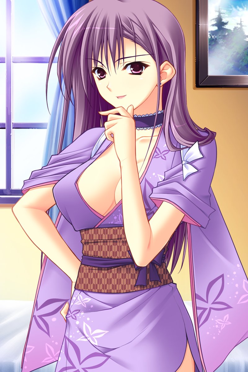 sugiyama genshou, suzuhira hiro, reishi (ne~pon? x rai pon!), ne~pon? x rai pon!, traditional clothes, highres, 1girl, breasts, choker, cleavage, collar, earrings, female focus, japanese clothes, jewelry, kimono, large breasts, long hair, purple eyes, purple hair, short kimono, smile, solo, window