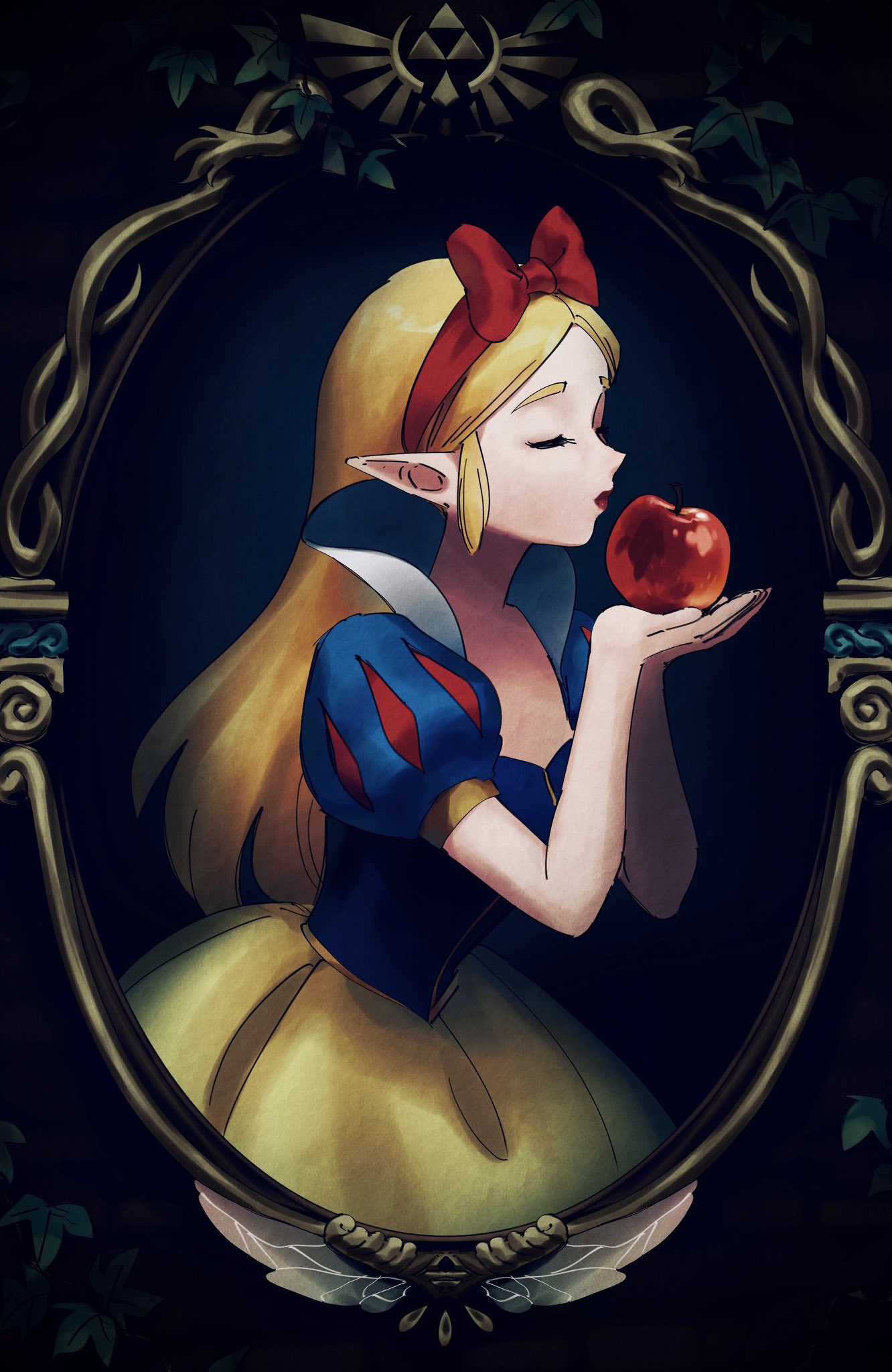 tkdnlerkdtpfsut, princess zelda, snow white (disney), nintendo, snow white and the seven dwarfs (disney), the legend of zelda, the legend of zelda: breath of the wild, highres, 1girl, apple, blonde hair, blue dress, bow, breasts, closed eyes, collared dress, cosplay, dress, food, fruit, hair bow, hairband, holding, holding food, holding fruit, long hair, medium breasts, mirror, multicolored dress, parted bangs, parted lips, pointy ears, puffy short sleeves, puffy sleeves, red bow, red hairband, short sleeves, sidelocks, snow white (disney) (cosplay), solo, triforce, upper body, yellow dress