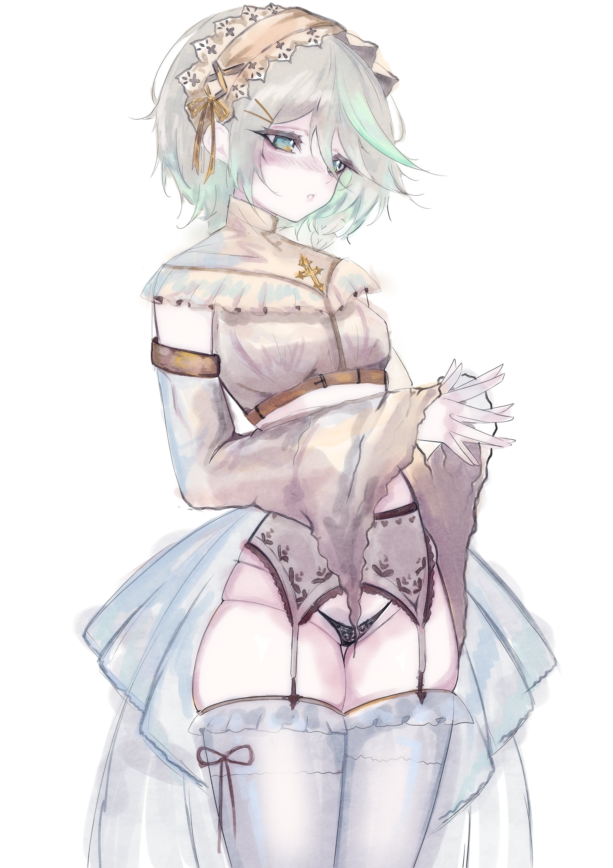 puponya, cecilia immergreen, hololive, hololive english, absurdres, highres, 1girl, alternate costume, black panties, breasts, detached sleeves, doll joints, garter belt, gradient hair, green eyes, green hair, grey garter belt, grey hair, hairband, joints, multicolored hair, panties, showgirl skirt, simple background, small breasts, solo, thighhighs, underwear, virtual youtuber, white background, white thighhighs, wide sleeves, yellow hairband