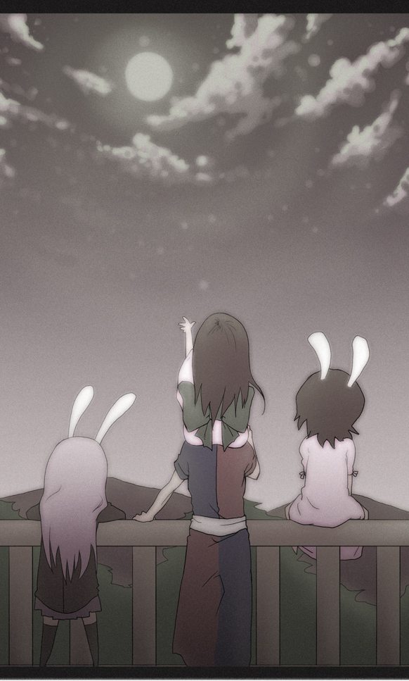 tokomichi, houraisan kaguya, inaba tewi, reisen udongein inaba, yagokoro eirin, touhou, bad id, bad pixiv id, 4girls, aged down, animal ears, black hair, carrying, female focus, japanese clothes, kimono, long hair, moon, multiple girls, rabbit ears, shoulder carry, time paradox, yukata