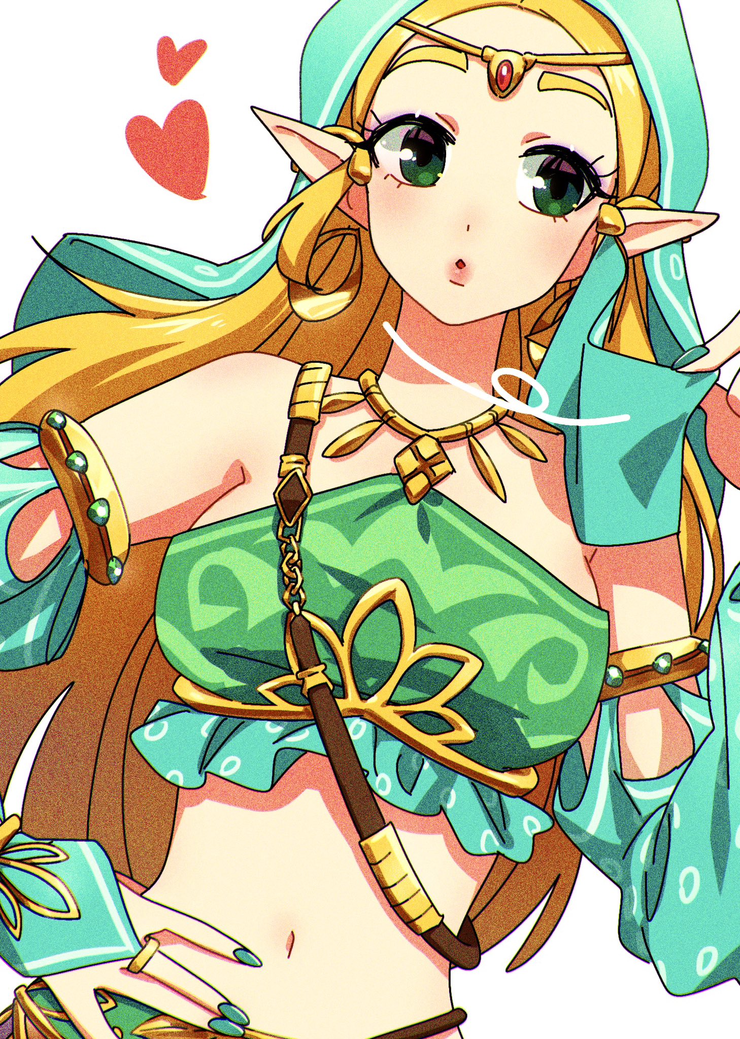 tkdnlerkdtpfsut, princess zelda, nintendo, the legend of zelda, the legend of zelda: breath of the wild, highres, 1girl, aqua nails, aqua scarf, aqua sleeves, bare shoulders, blonde hair, breasts, bridal gauntlets, circlet, crop top, detached sleeves, earrings, gem, gerudo set (zelda), gold trim, green eyes, green shirt, halterneck, hand on own hip, harem outfit, headscarf, holding veil, hoop earrings, jewelry, long hair, medium breasts, midriff, mouth veil, nail polish, navel, official alternate costume, parted bangs, parted lips, pointy ears, red gemstone, scarf, shirt, sidelocks, solo, upper body, veil, white background