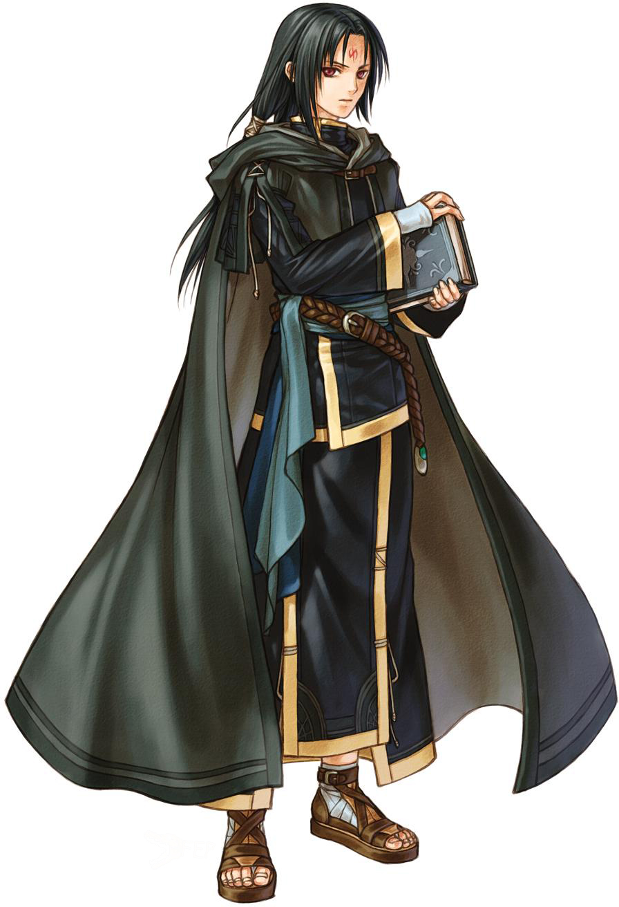 kita senri, soren (fire emblem), fire emblem, fire emblem: path of radiance, fire emblem: radiant dawn, nintendo, highres, official art, 1boy, belt, black hair, book, cape, cloak, facial mark, forehead mark, full body, long hair, male focus, red eyes, sandals, simple background, solo, white background