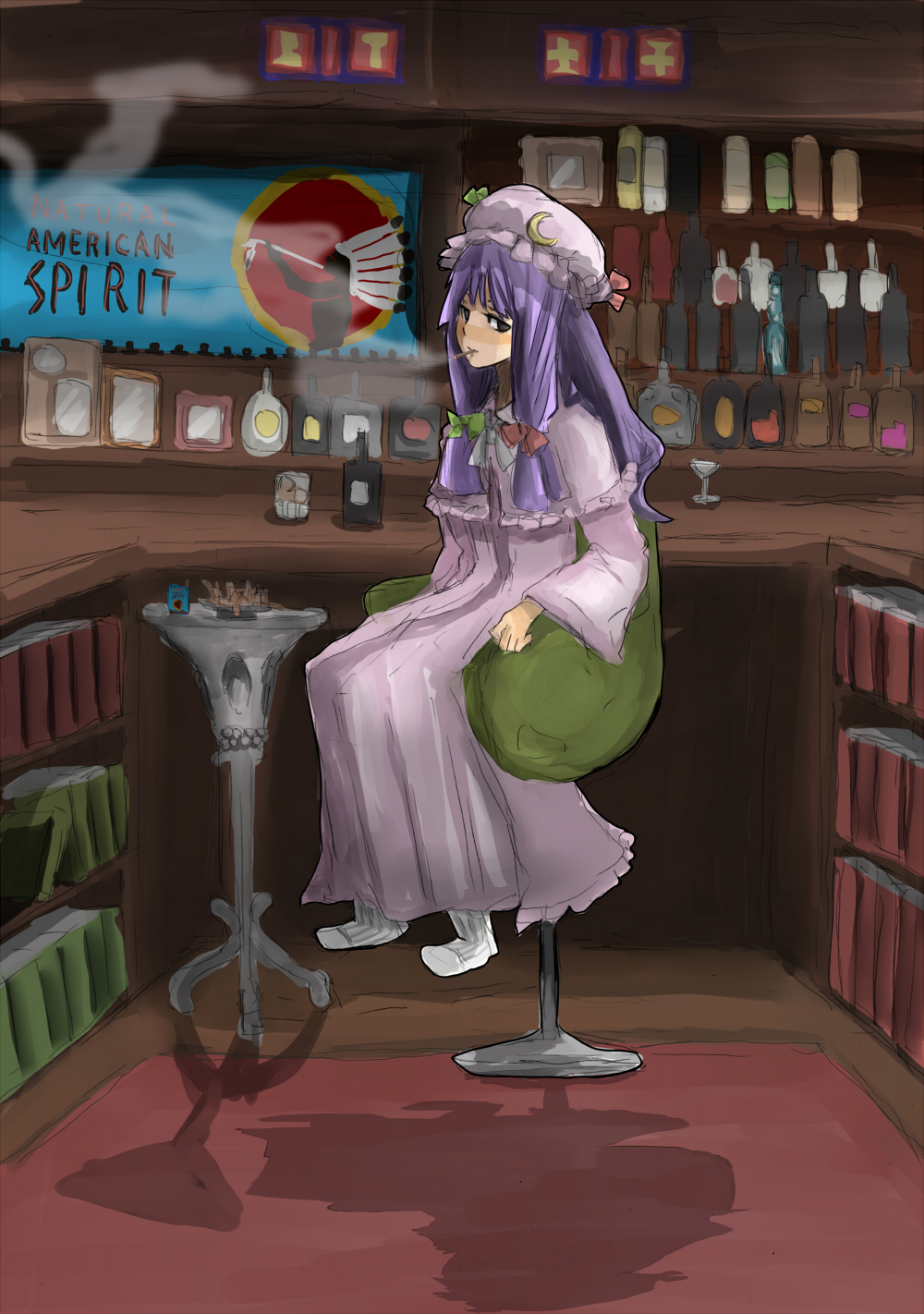 haru hiko, norimaki (haru koubou), patchouli knowledge, inaba of the moon and inaba of the earth, touhou, touhou bougetsushou, bad id, bad pixiv id, highres, 1girl, bar (place), cigarette, female focus, hat, long hair, purple hair, ribbon, smoking, socks, solo