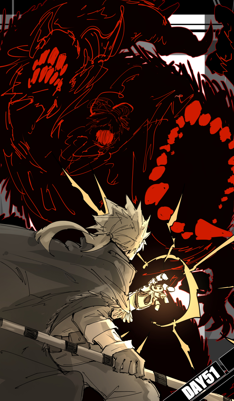 kankan33333, original, commentary, highres, 1boy, automail, belt pouch, blonde hair, blot plot, cape, english text, from behind, gloves, grey cape, holding, holding polearm, holding weapon, imminent fight, long hair, low ponytail, male focus, mechanical arms, monster, pants, polearm, ponytail, pouch, single mechanical arm, sketch, sleeves rolled up, spiked hair, weapon