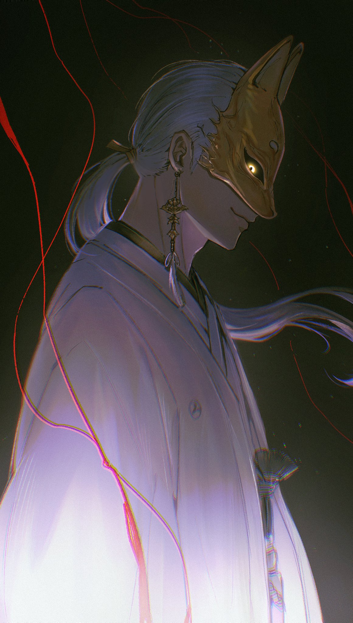 chiyo (miichiyochin), fox mask (silent hill), silent hill (series), silent hill f, commentary, english commentary, highres, 1boy, chromatic aberration, closed mouth, earrings, floating hair, fox mask, from side, japanese clothes, jewelry, kimono, long hair, looking to the side, male focus, mask, piercing, ponytail, profile, smile, solo, upper body, very long hair, white hair, white kimono, yellow eyes